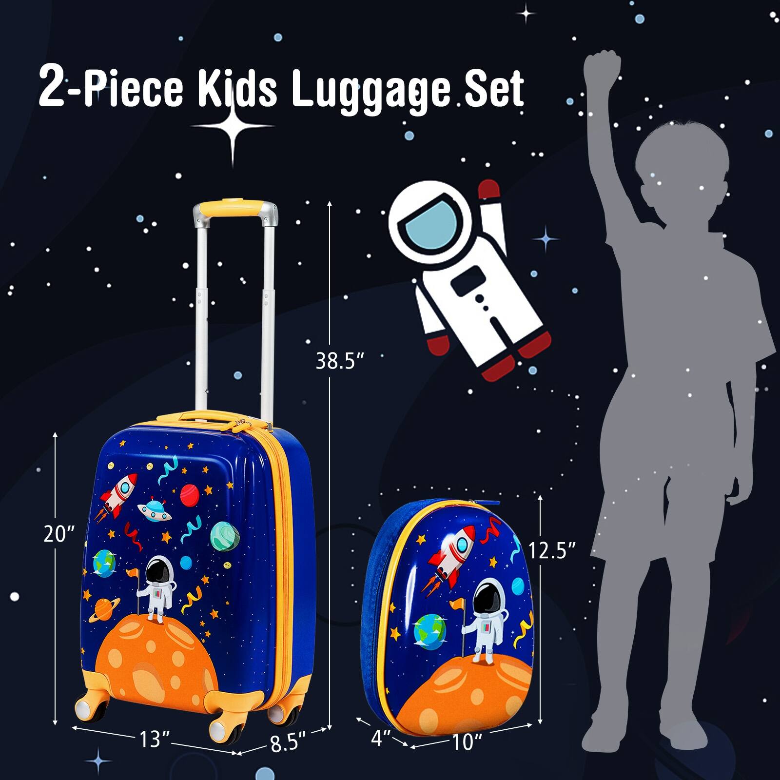 2-Piece Kids Luggage Set  
38.5" x 20" x 13" x 8.5" x 4"  
12.5" x 10"