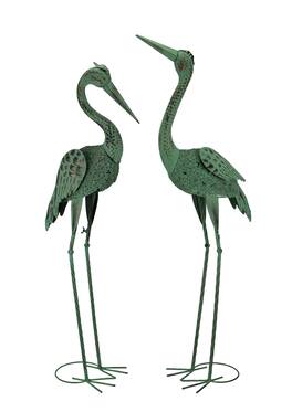 The Gerson Companies - Verdigris Patina Metal Heron Birds Coastal Decor Statue Set of 2 - Green