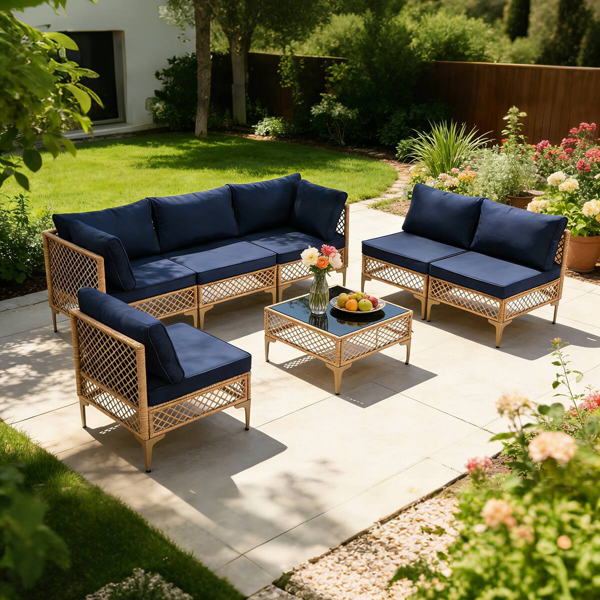 Left. Ainfox - Ainfox 7-Piece Patio Furniture Set, Outdoor Wicker Modular Sectional Patio Conversation Set Ideal for Backyard Poolside - blue.
