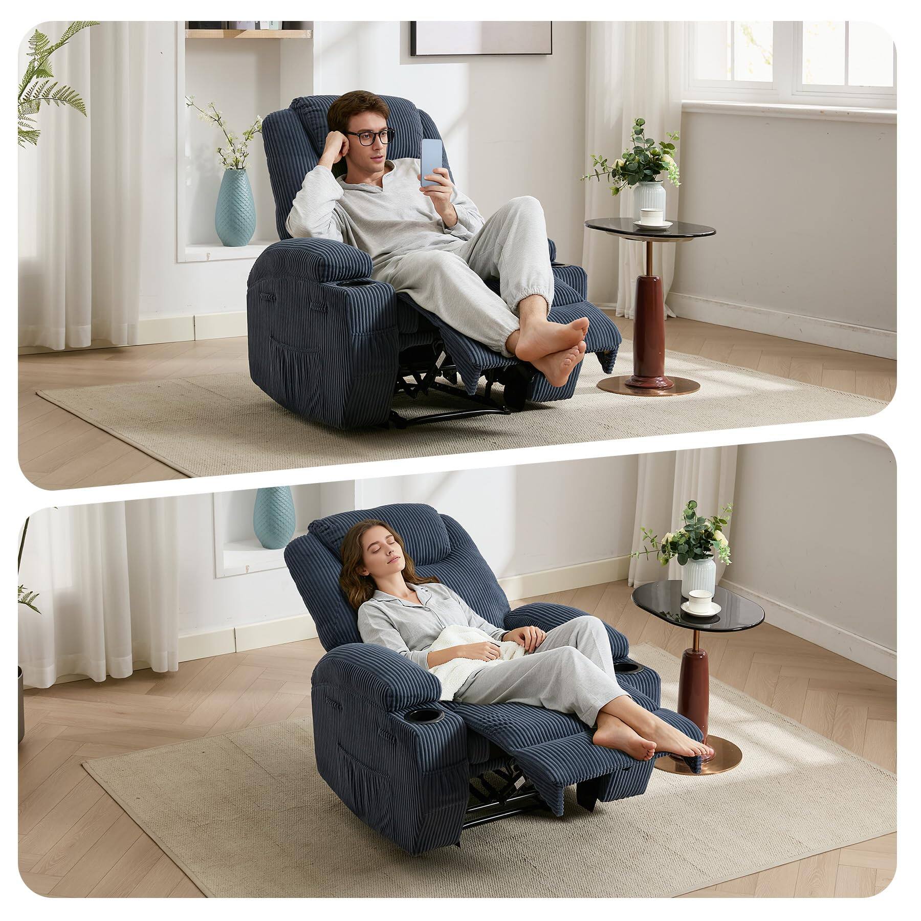 Alt View 4. Babevy - Electric Recliner with Massage & Heat, 135° Adjustable Corduroy Chair with Cup Holders, Side Pockets - Blue.
