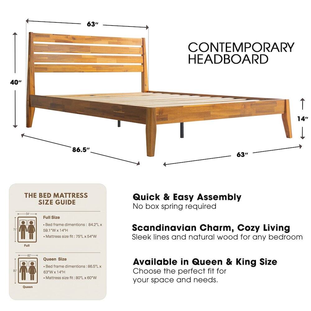 63" CONTEMPORARY HEADBOARD  
40"  
14"  
86.5"  
63"  

THE BED MATTRESS SIZE GUIDE  

Full Size Bed frame dimensions: 84.2L x 59.1"W x 14H  
Mattress size fit: 75L x 54"W  

Queen Size Bed frame dimensions: 86.5L x 63"W x 14H  
Mattress size fit: 80L x 60"W  

Quick & Easy Assembly  
No box spring required  

Scandinavian Charm, Cozy Living  
Sleek lines and natural wood for any bedroom  

Available in Queen & King Size  
Choose the perfect fit for your space and needs.