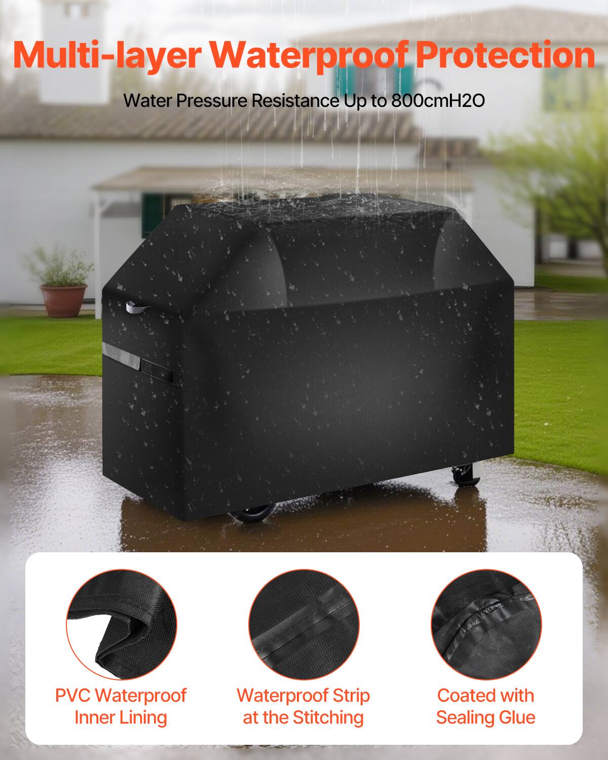 Multi-layer Waterproof Protection  
Water Pressure Resistance Up to 800cmH2O  

PVC Waterproof Inner Lining  
Waterproof Strip at the Stitching  
Coated with Sealing Glue