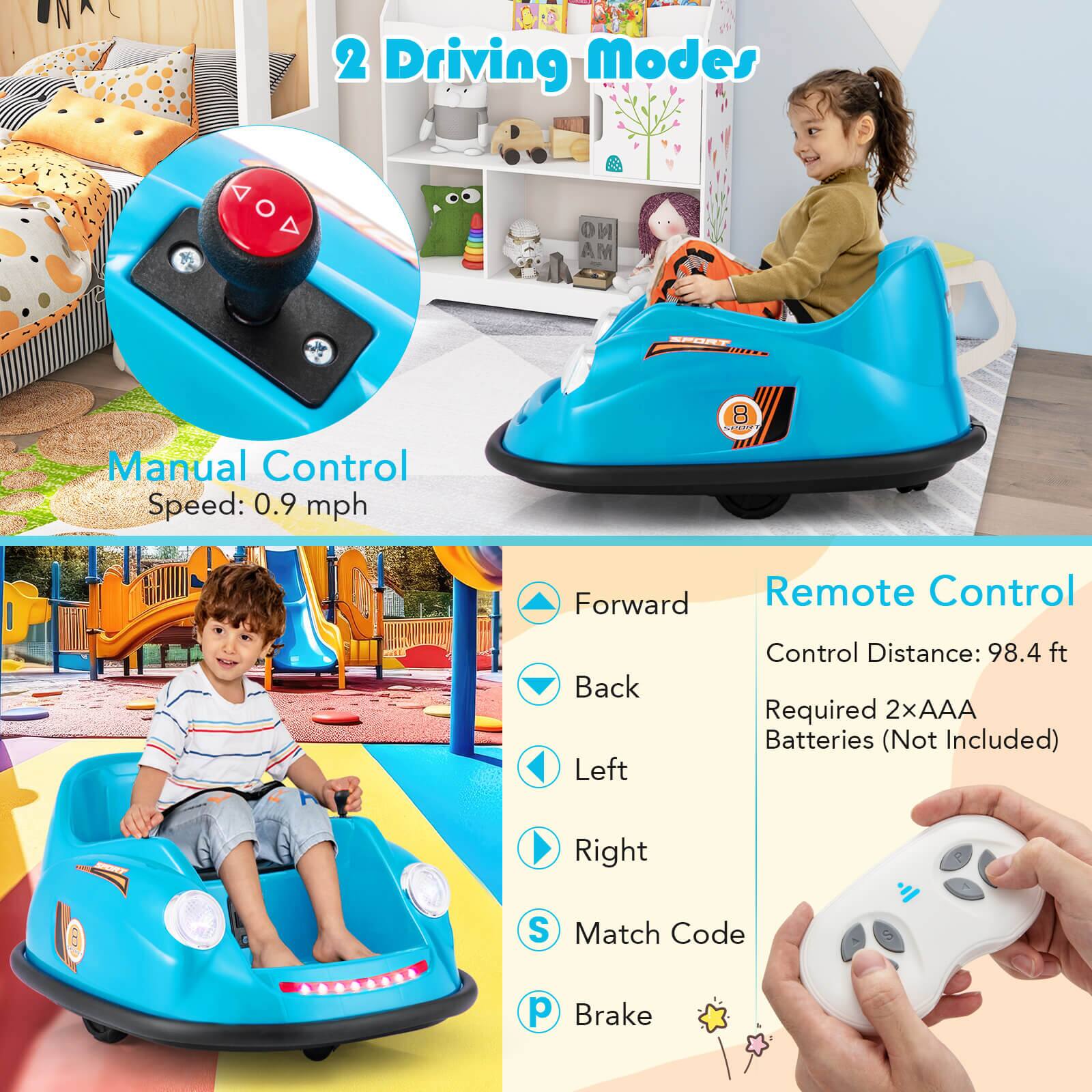 2 Driving Modes

Manual Control  
Speed: 0.9 mph

Remote Control  
Control Distance: 98.4 ft  
Required 2xAAA Batteries (Not Included)

Forward  
Back  
Left  
Right  
Match Code  
Brake