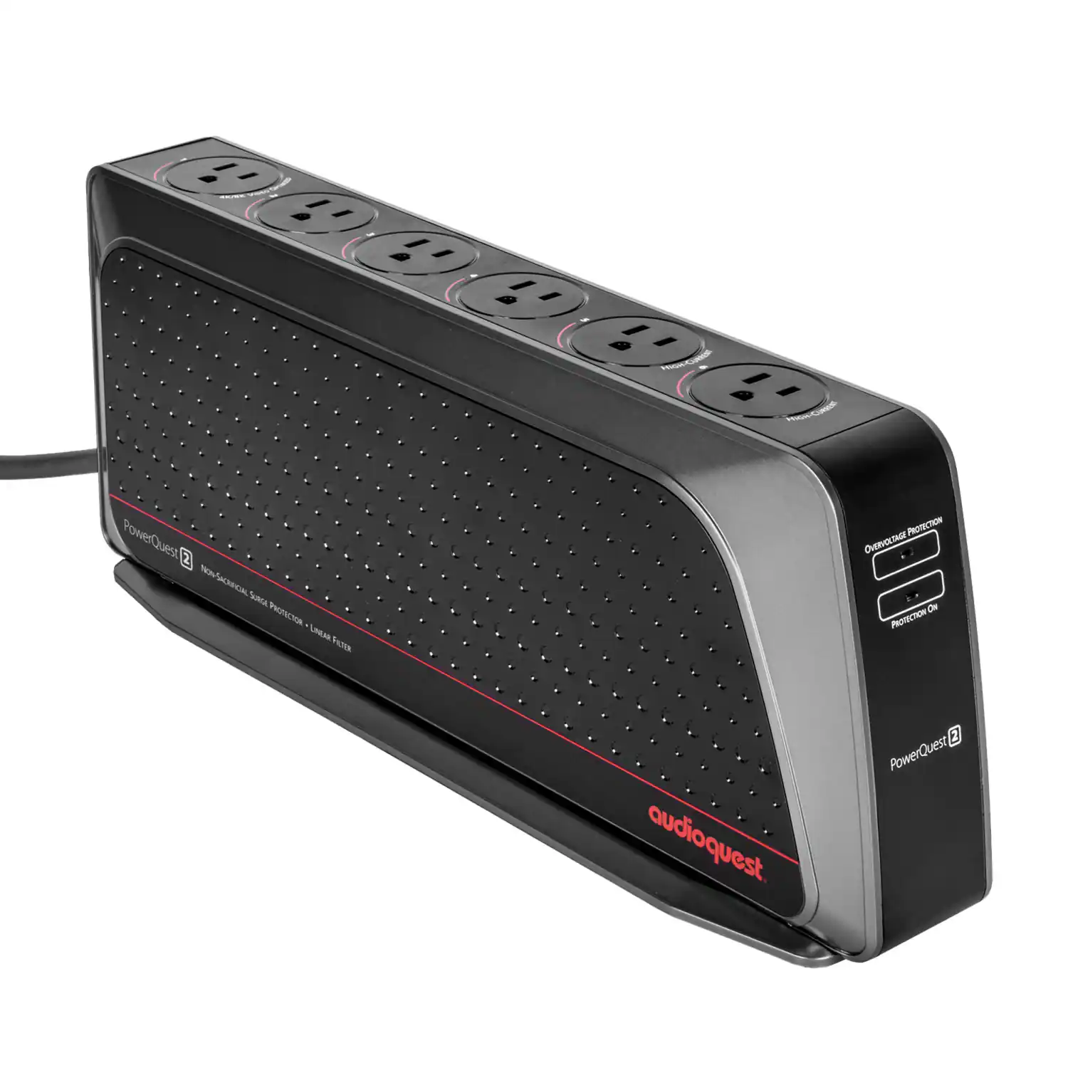 The image features a black and red device with a row of six outlets on it. The device is a PowerQuest 2, which is a surge protector designed to protect electronic devices from power surges and voltage fluctuations. The surge protector is connected to a computer, ensuring that the computer and its peripherals are safe from potential damage caused by electrical issues.