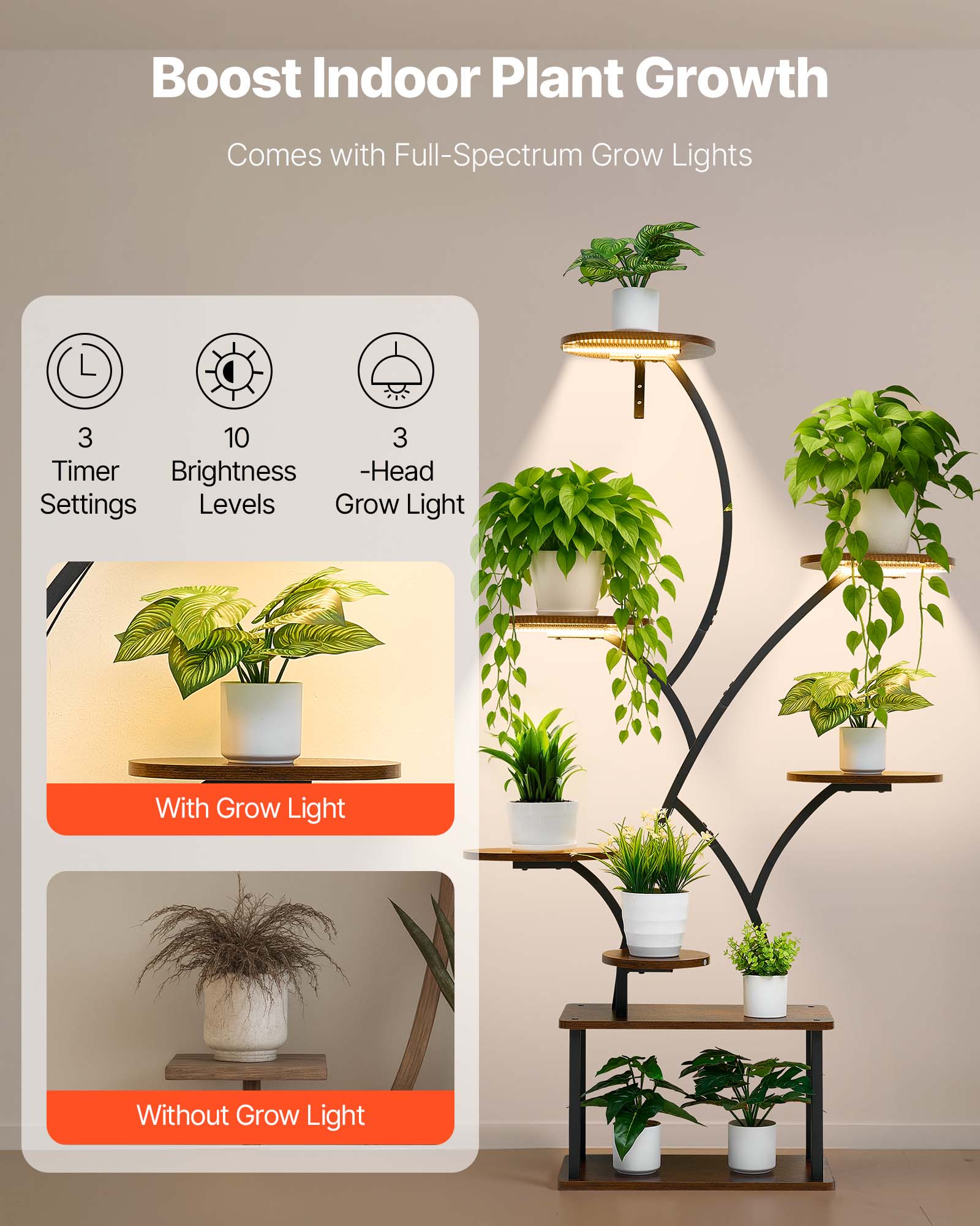 Boost Indoor Plant Growth  
Comes with Full-Spectrum Grow Lights  

- 3 Timer Settings  
- 10 Brightness Levels  
- 3-Head Grow Light  

With Grow Light  
Without Grow Light