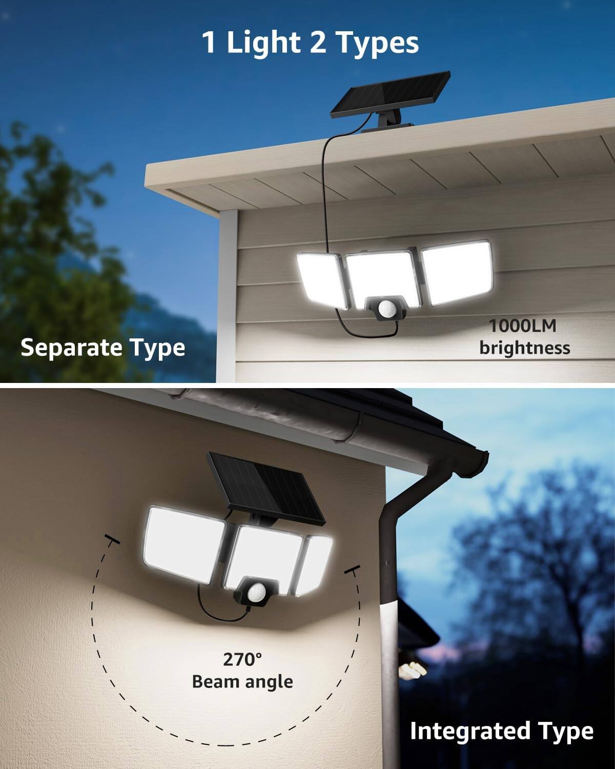 Angle. Lepro - 1000LM Solar Motion Sensor Light Outdoor, 6500K Daylight, Separate Solar Panel, 2 Modes, Remote Control, IP65 Waterproof - Black.