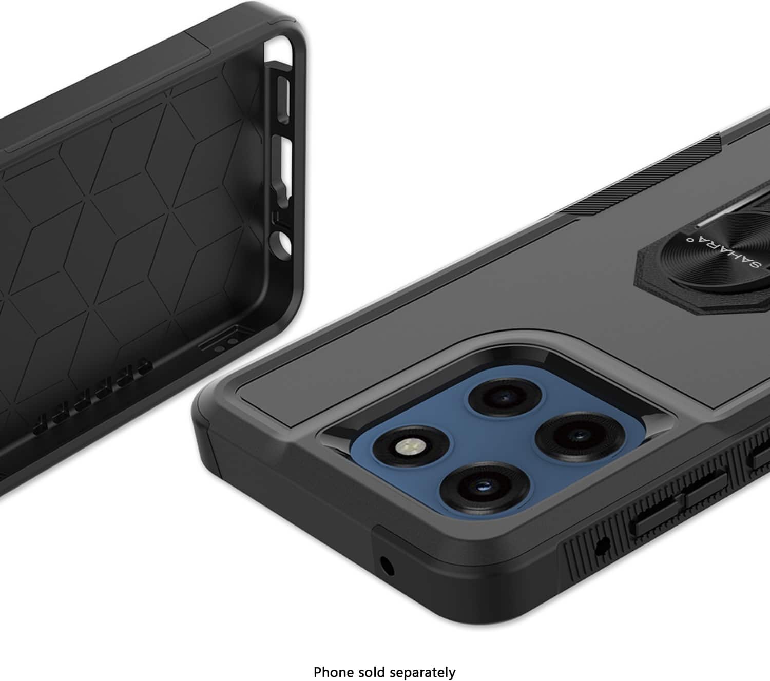 The image features a black cell phone case with a blue lens holder. The case is designed to hold a smartphone securely and protect it from damage. The lens holder is a separate accessory that can be attached to the case for added convenience and functionality. The text on the image reads "Phone sold separately," which indicates that the phone itself is not included with the case and lens holder, and must be purchased separately.