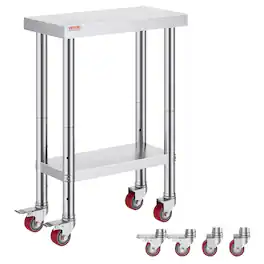 VEVOR - Stainless Steel Work Table 12 x 24 x 34 Inch, 700 LBS Load Capacity with 4 Wheels, 3 Adjustable Height Levels - Silver