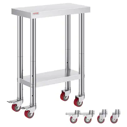 Front. VEVOR - Stainless Steel Work Table 12 x 24 x 34 Inch, 700 LBS Load Capacity with 4 Wheels, 3 Adjustable Height Levels - Sliver.