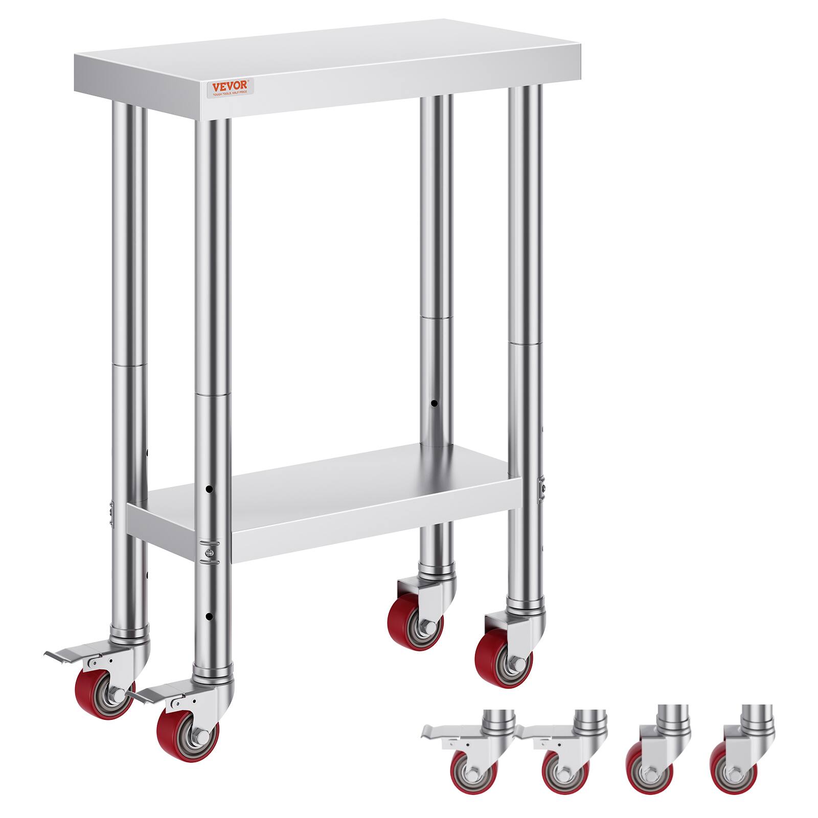 Front. VEVOR - Stainless Steel Work Table 12 x 24 x 34 Inch, 700 LBS Load Capacity with 4 Wheels, 3 Adjustable Height Levels - Sliver.