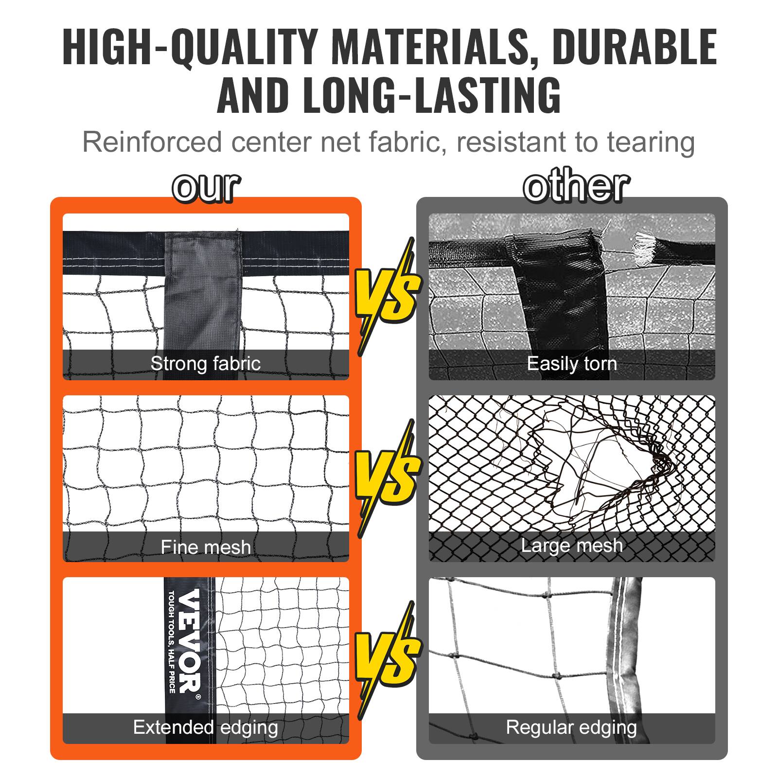 HIGH-QUALITY MATERIALS, DURABLE AND LONG-LASTING

Reinforced center net fabric, resistant to tearing

our
- Strong fabric
- Fine mesh
- Extended edging

vs

other
- Easily torn
- Large mesh
- Regular edging