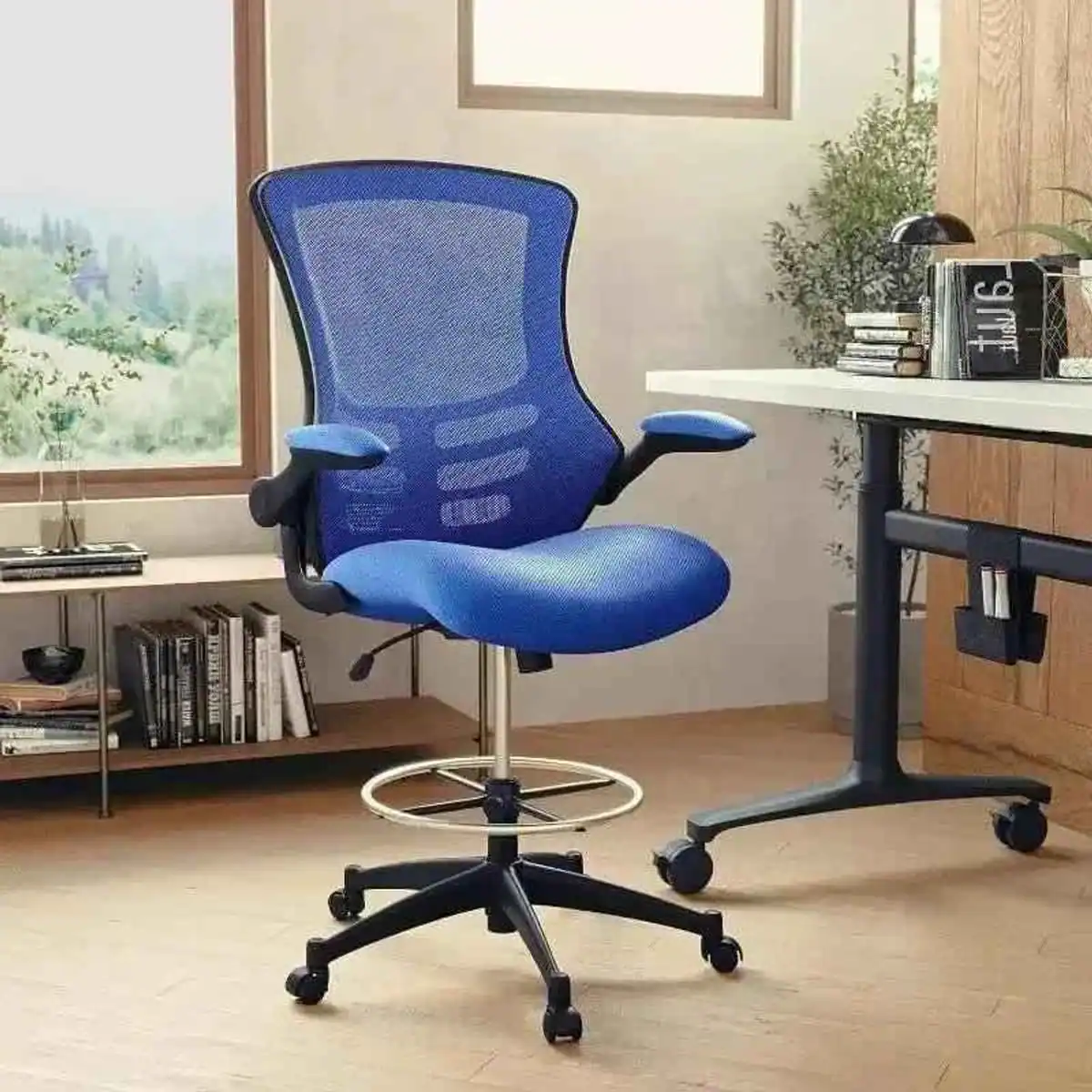 Left. Emma + Oliver - Mid-Back Mesh Ergonomic Drafting Chair with Foot Ring and Flip-Up Arms - Red Mesh/Black Frame.