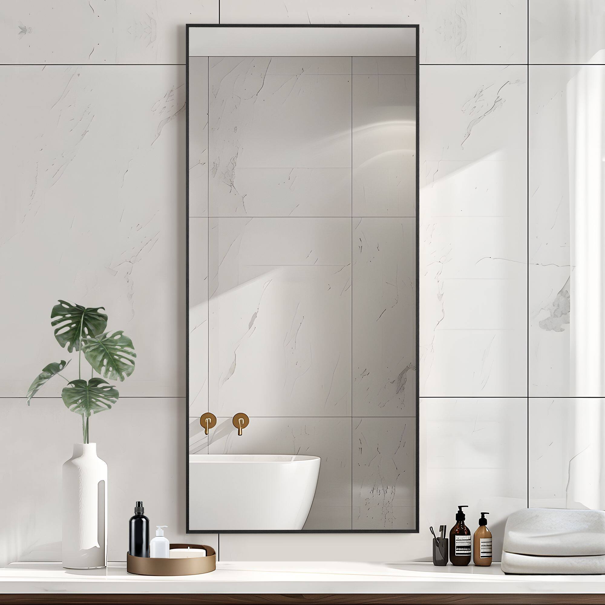 PexFix - Modern Metal Frame Bathroom Mirror, 22x47 in. Rectangle, Wall-Mounted for Vanity & Powder Room - Black