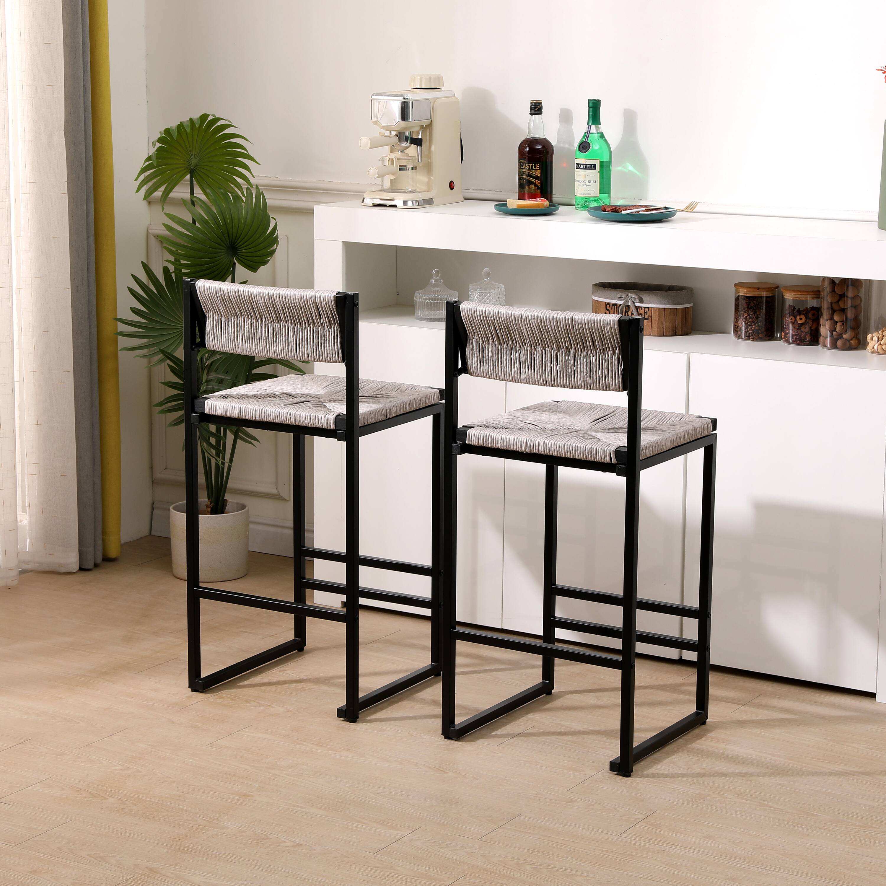 Alt View 6. Glintex - Set of 2 Hand Weave Bar Stools, Counter Height Bar Chairs, Paper Rope Woven, for Kitchen, Home & Office - Gray.