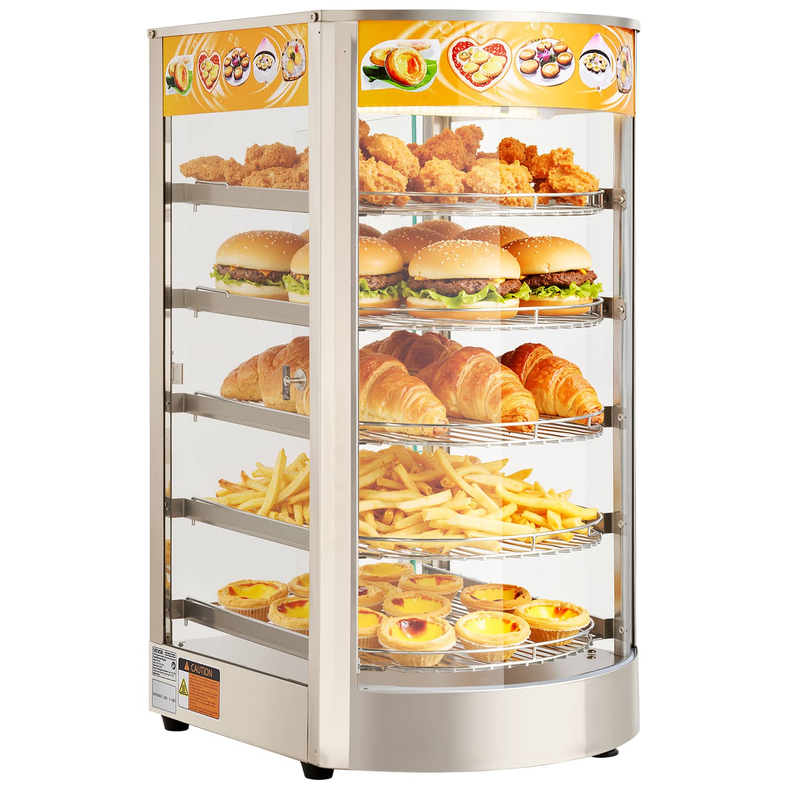 VEVOR - 5-Tier Commercial Food Warmer Display, 800W Food Display Warmer with LED Light, Adjustable Shelf and Stainless Steel - Stainless steel color