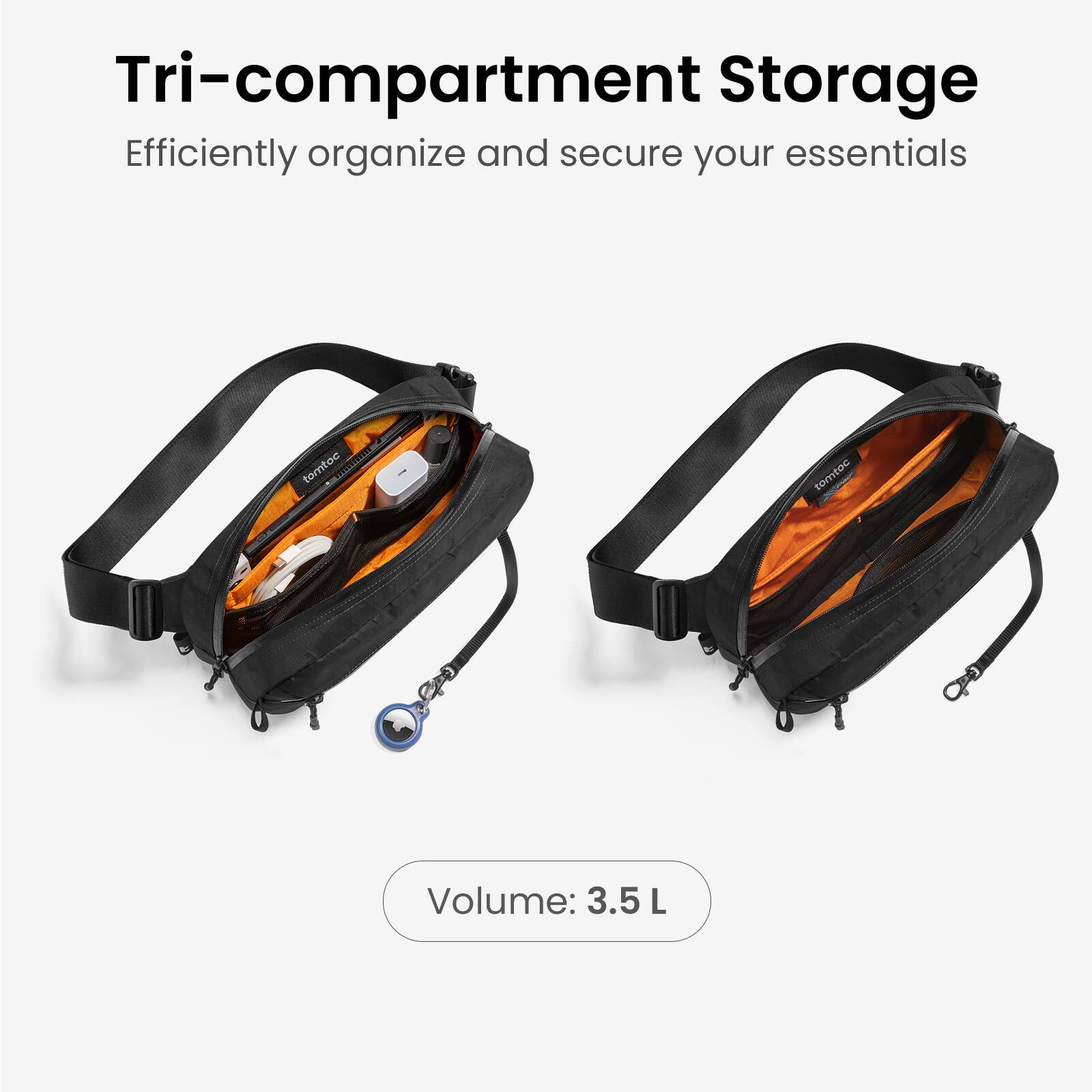 Tri-compartment Storage  
Efficiently organize and secure your essentials  

Volume: 3.5 L
