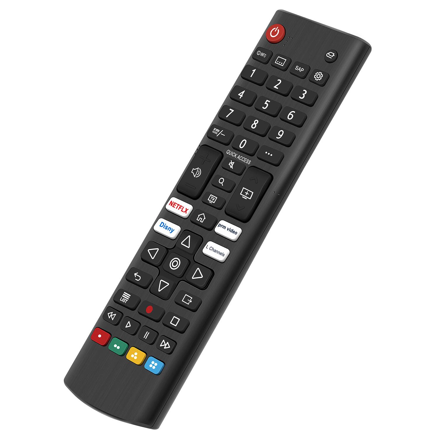 ON/OFF 1 SAP 2 3 4 5 6 7 8 9 0 QUICK ACCESS NETFLIX Disney+ TV prmm video Channels LIST DD D II DD