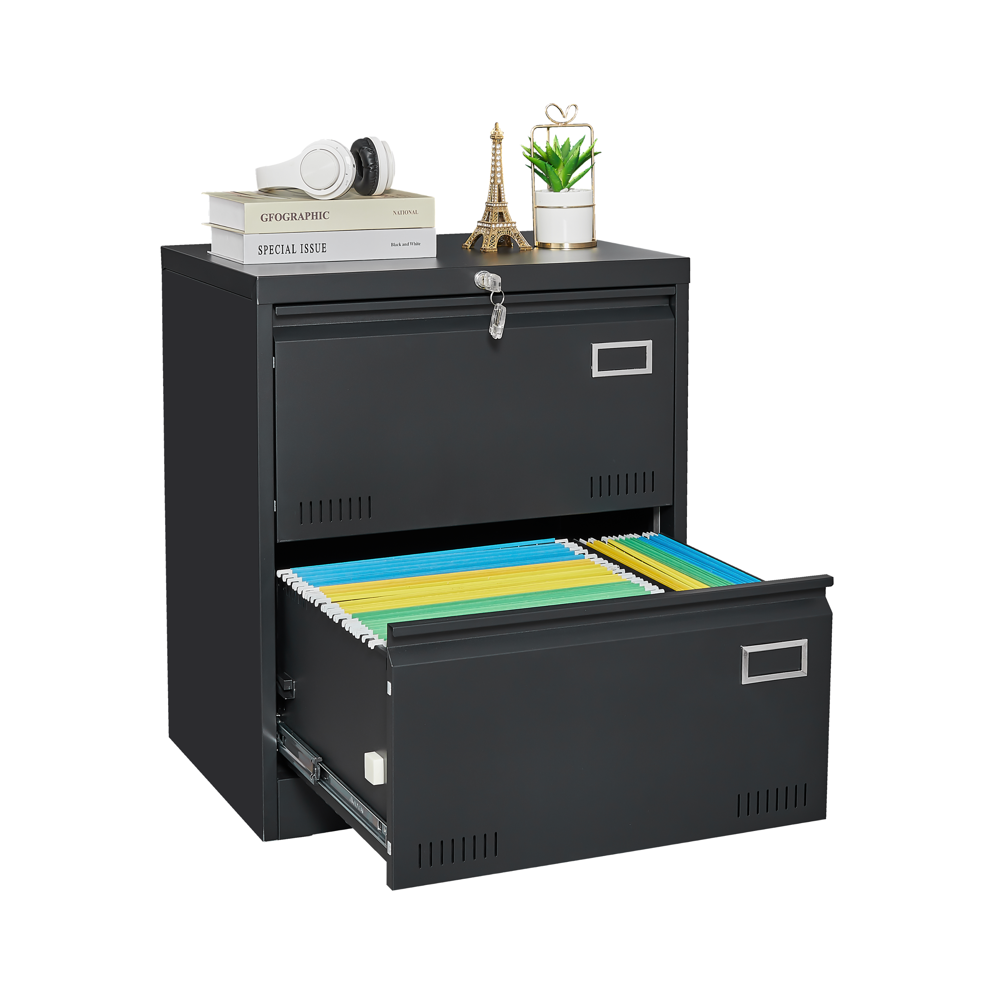Dexmalle - Dexmalle-2 Drawer Metal Lateral File Cabinet with Lock-Black