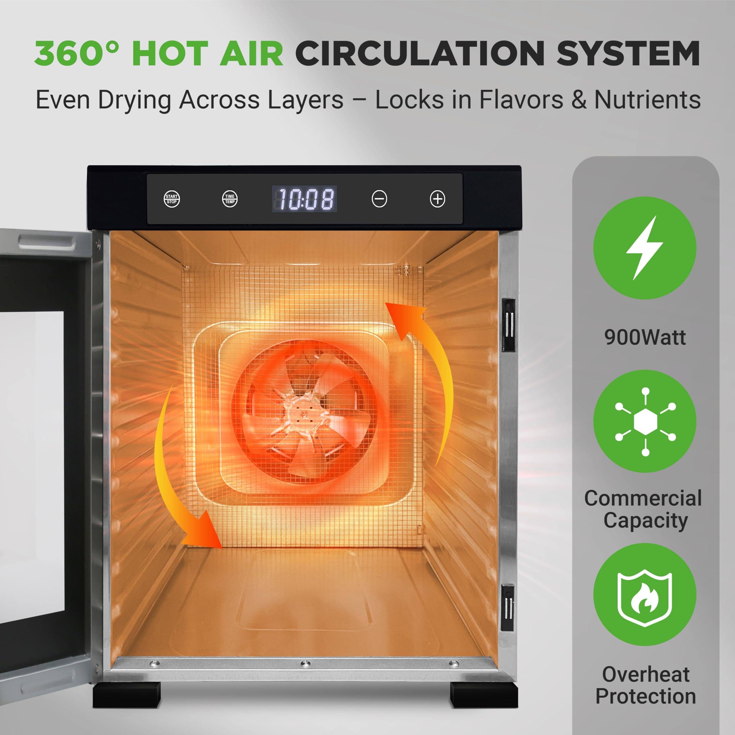 360° HOT AIR CIRCULATION SYSTEM  
Even Drying Across Layers - Locks in Flavors & Nutrients  

- 900Watt  
- Commercial Capacity  
- Overheat Protection
