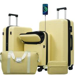 Ecooso - 5-Piece ABS Luggage Set with Bags, Half-Open 20" USB Carry-On, Expandable 24"/28", TSA Lock, Wheels - Yellow