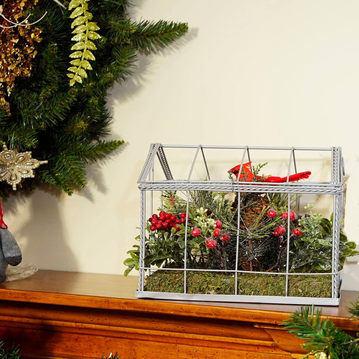 Alt View 3. Northlight - Cardinal Boxwood Artificial Christmas Greenhouse Arrangement - 9" - Red and Green - Red.