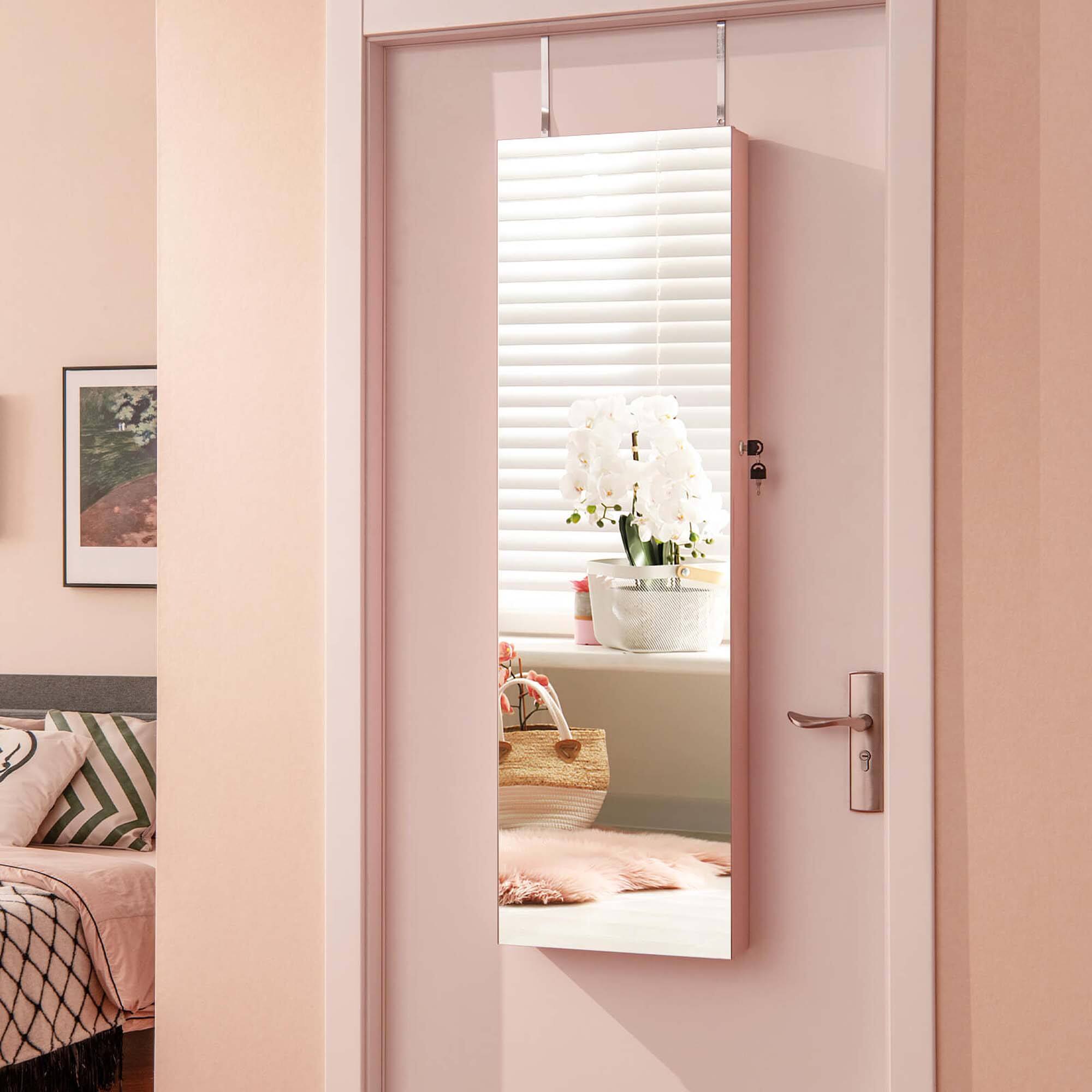 Alt View 11. Costway - Mirrored Wall & Door Mounted Jewelry Cabinet Storage Organizer with Lights&Drawer Pink - Pink.