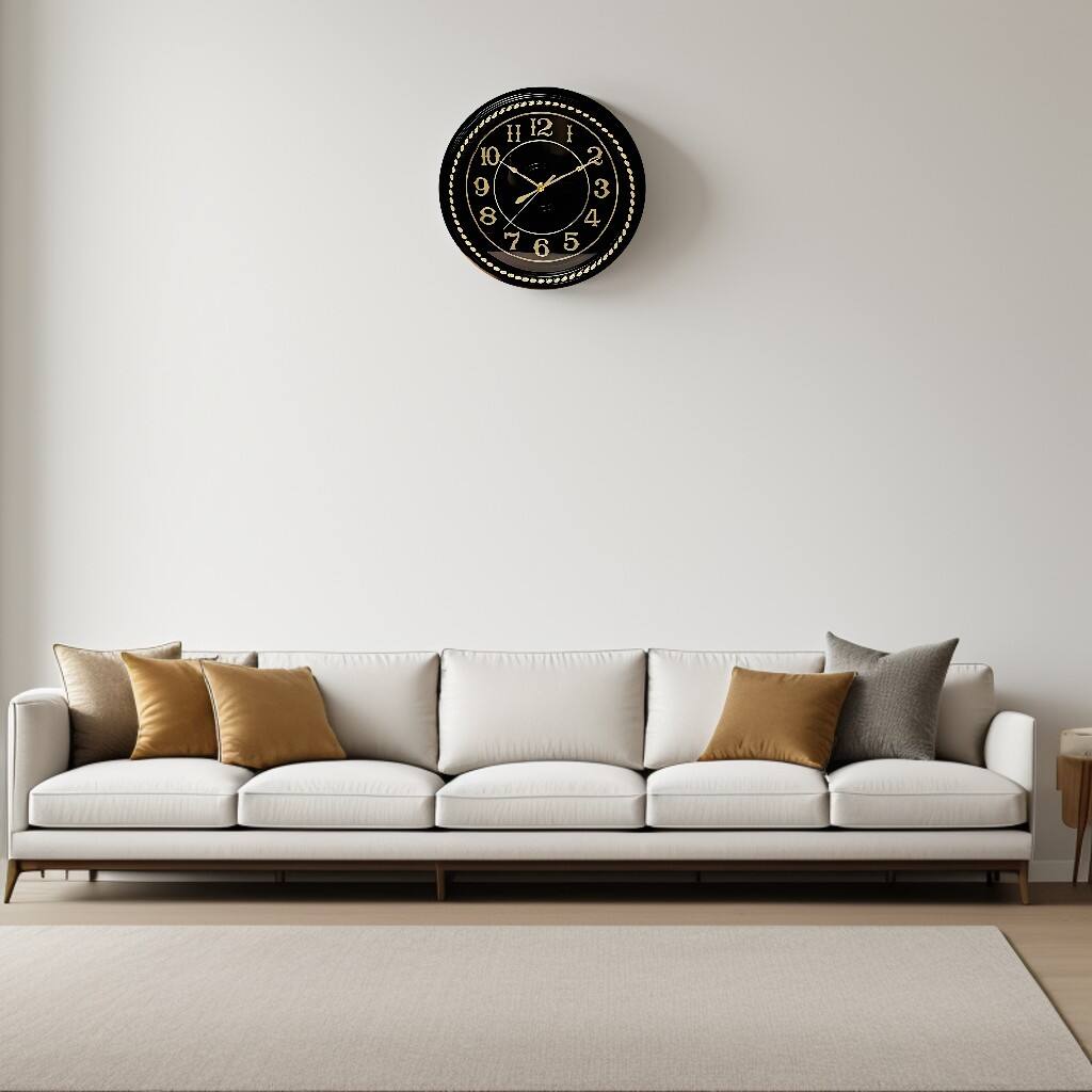 Angle. FC Design - 14"H Black & Gold Ornate Modern-Classic Round Wall Clock - Multicolor.