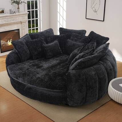 Front. Anysun - Double Oversized Round Sofa with Armrests, Chenille Fabric Padded High Back, for Living Room or Bedroom - Black.