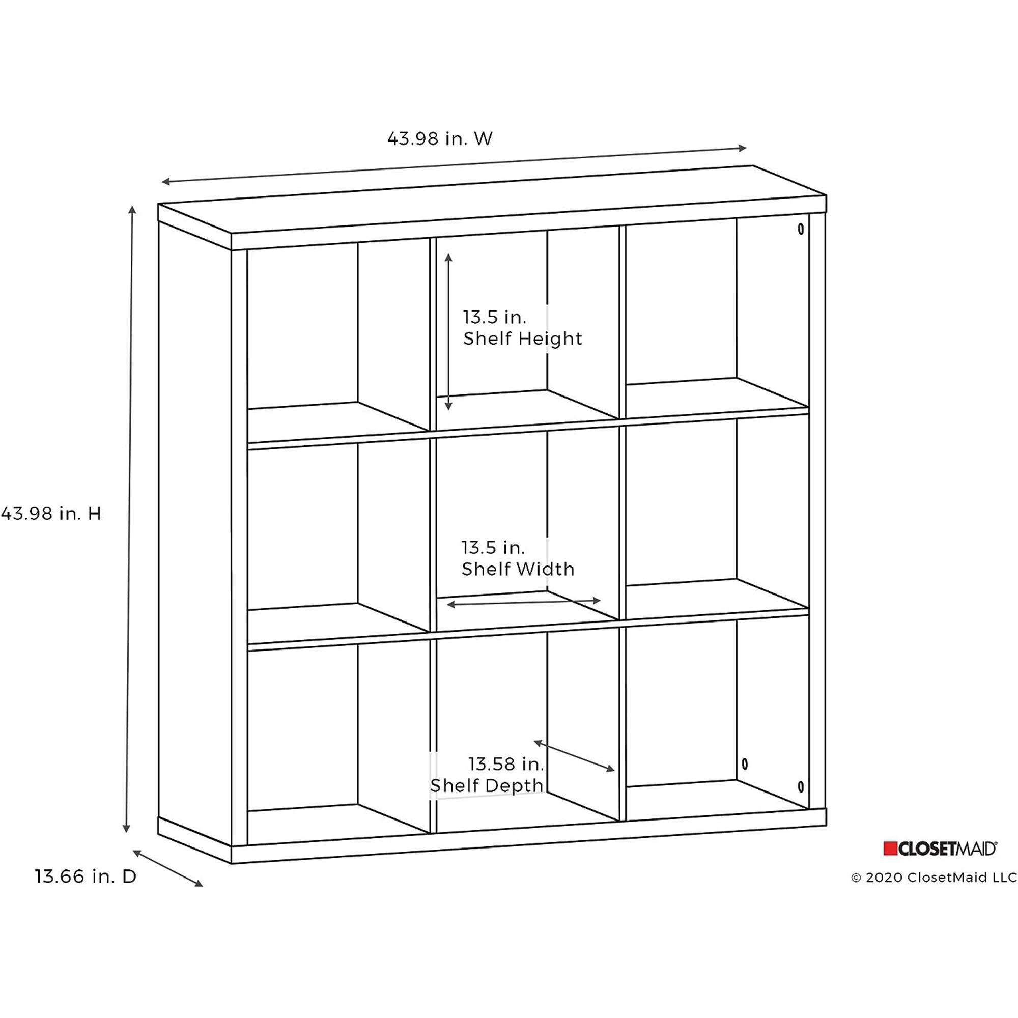 43.98 in. W  
13.5 in. Shelf Height  
43.98 in. H  
13.5 in. Shelf Width  
13.58 in. Shelf Depth  
13.66 in. D  

CLOSETMAID  
© 2020 ClosetMaid LLC