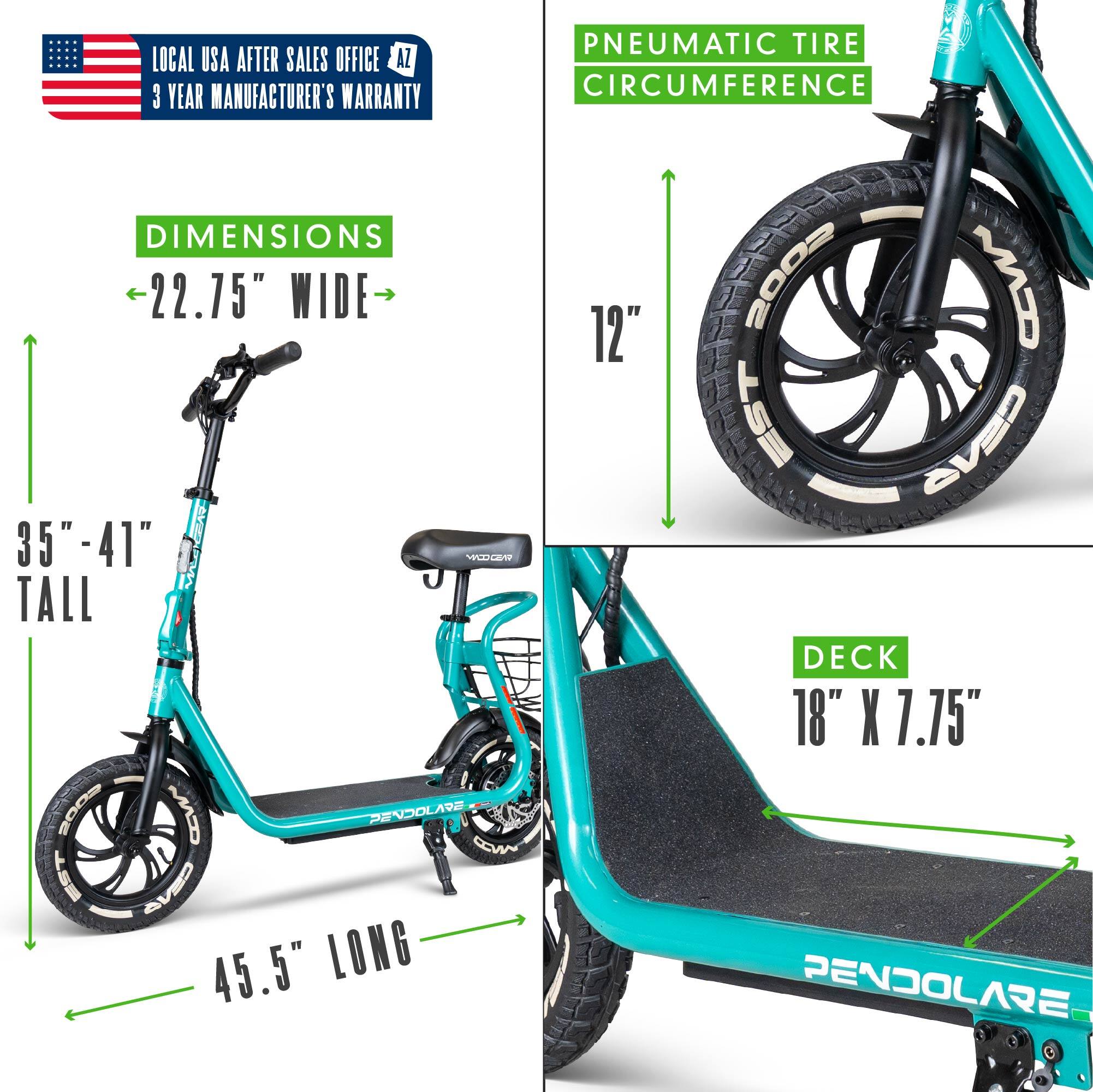 LOCAL USA AFTER SALES OFFICE  
3 YEAR MANUFACTURER'S WARRANTY  

PNEUMATIC TIRE CIRCUMFERENCE  

DIMENSIONS  
- 22.75" WIDE  
- 35"-41" TALL  
- 45.5" LONG  

DECK  
18" X 7.75"