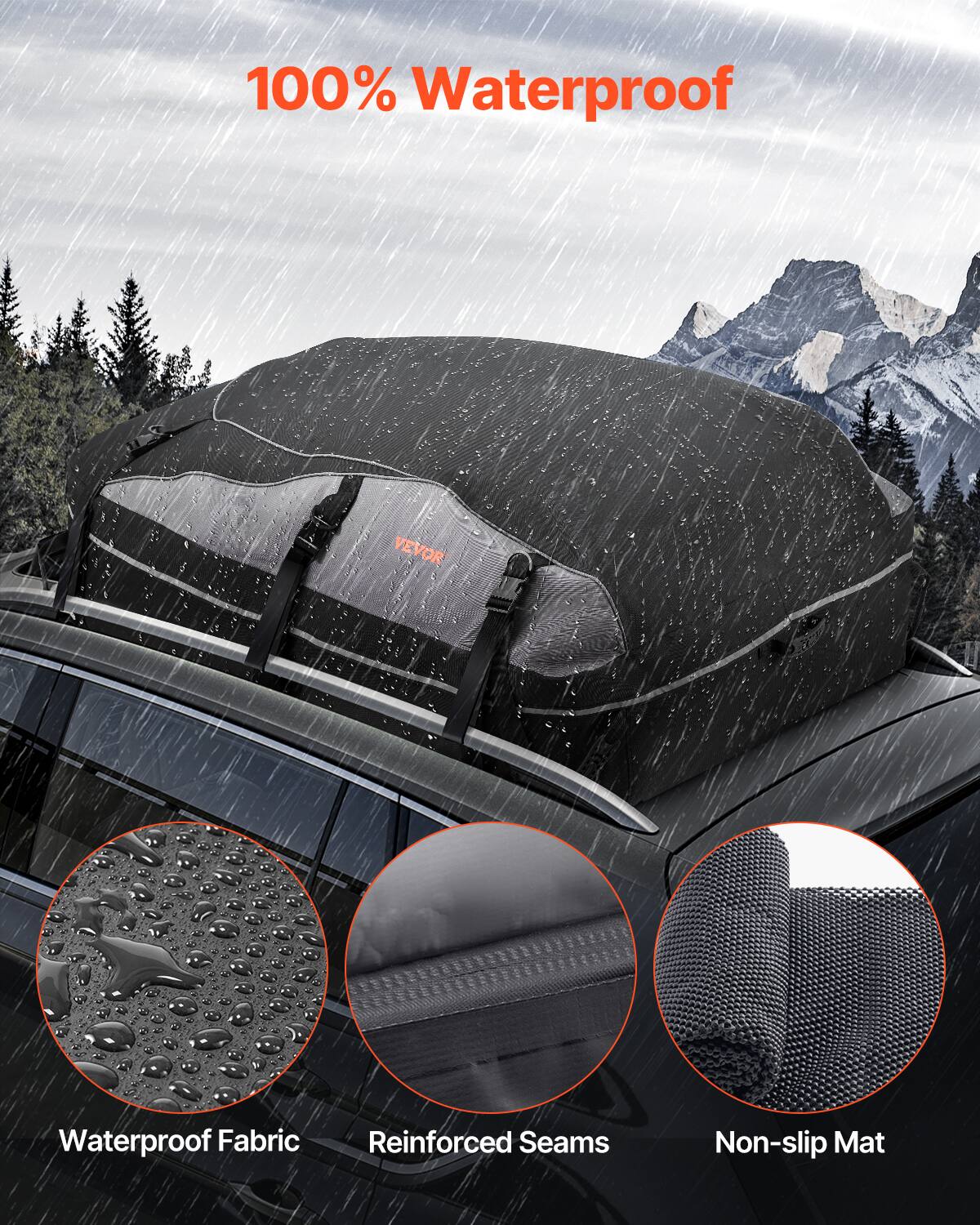 100% Waterproof

Waterproof Fabric  
Reinforced Seams  
Non-slip Mat