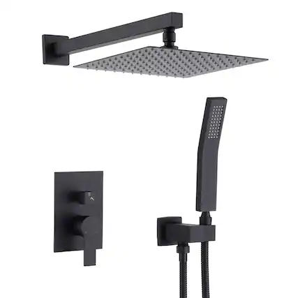 Front. JUJABU - 12" Ceiling Mount Matte Black Luxury Rainfall Mixer Shower System Combo Set - Mattle Black.