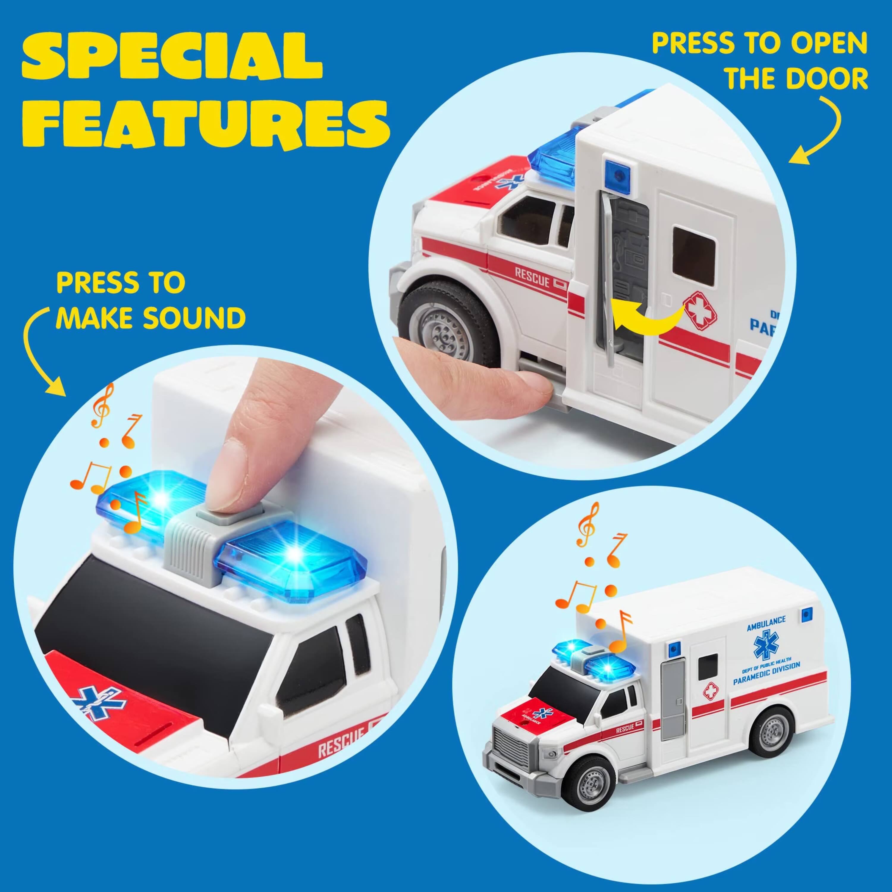 SPECIAL FEATURES  
PRESS TO OPEN THE DOOR  
PRESS TO MAKE SOUND  

RESCUE  
EI PAF  
AMBULANCS  
ANCS  
- DTLA -  
PARAMEDIC RESCUE