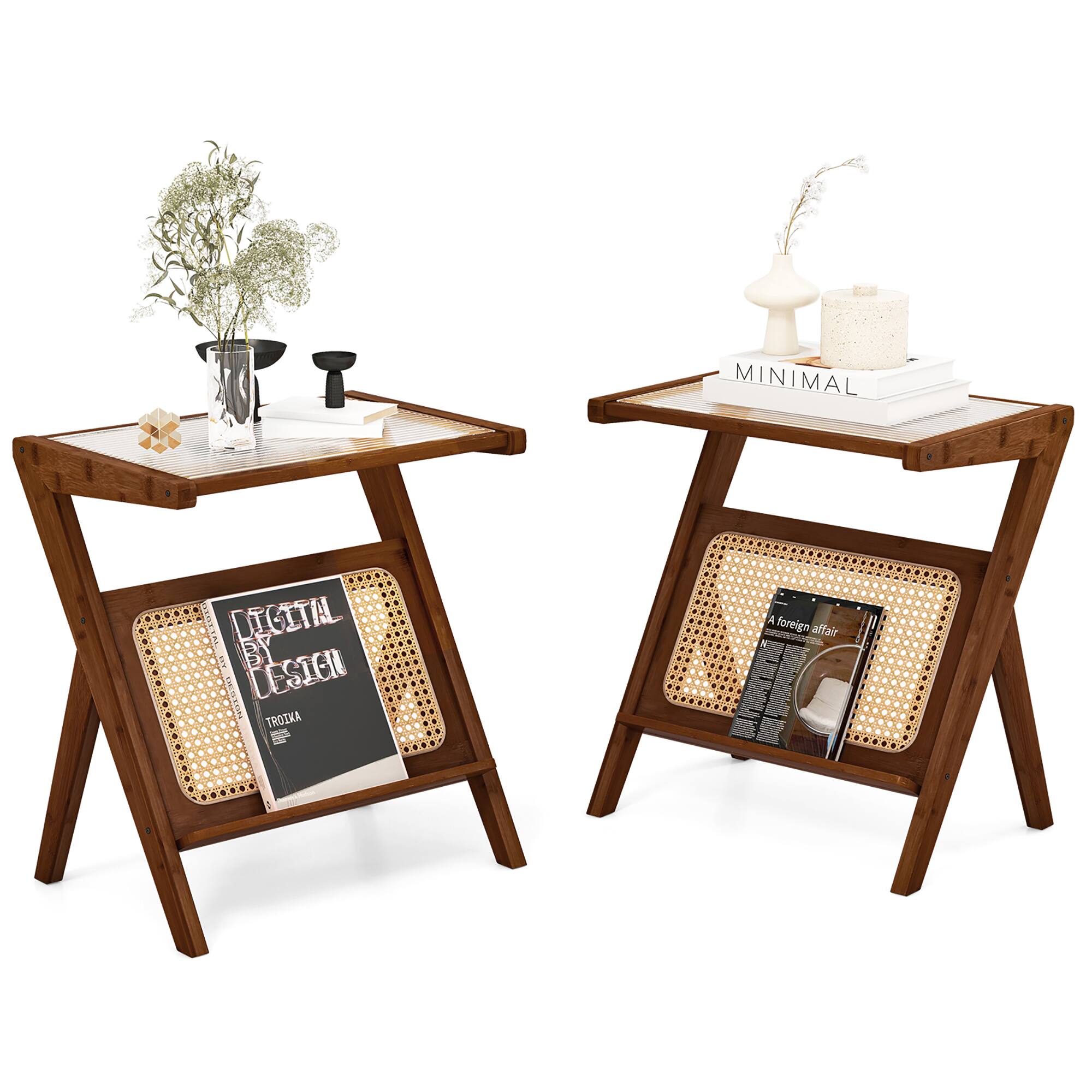 Gymax - 2 Pieces Boho End Table with Magazine Rack Versatile Bamboo Bedside Table w/ Rattan Shelf - Walnut