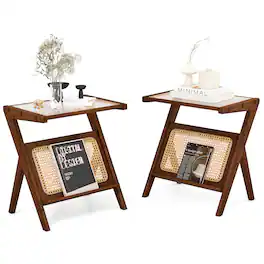 Gymax - 2 Pieces Boho End Table with Magazine Rack Versatile Bamboo Bedside Table w/ Rattan Shelf - Walnut