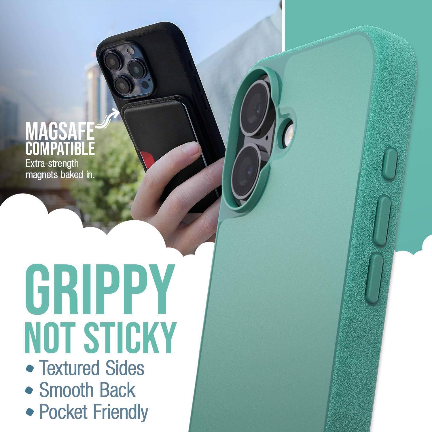 MAGSAFE COMPATIBLE  
Extra-strength magnets baked in.  

GRIPPY NOT STICKY  
Textured Sides  
Smooth Back  
Pocket Friendly
