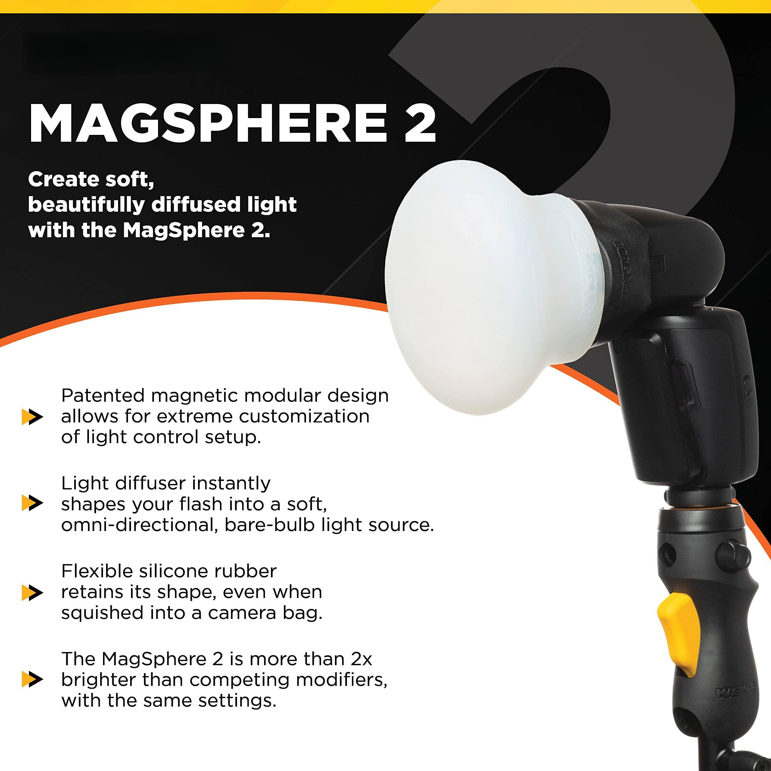 MAGSPHERE 2

Create soft, beautifully diffused light with the MagSphere 2.

- Patented magnetic modular design allows for extreme customization of light control setup.
- Light diffuser instantly shapes your flash into a soft, omni-directional, bare-bulb light source.
- Flexible silicone rubber retains its shape, even when squished into a camera bag.
- The MagSphere 2 is more than 2x brighter than competing modifiers, with the same settings.