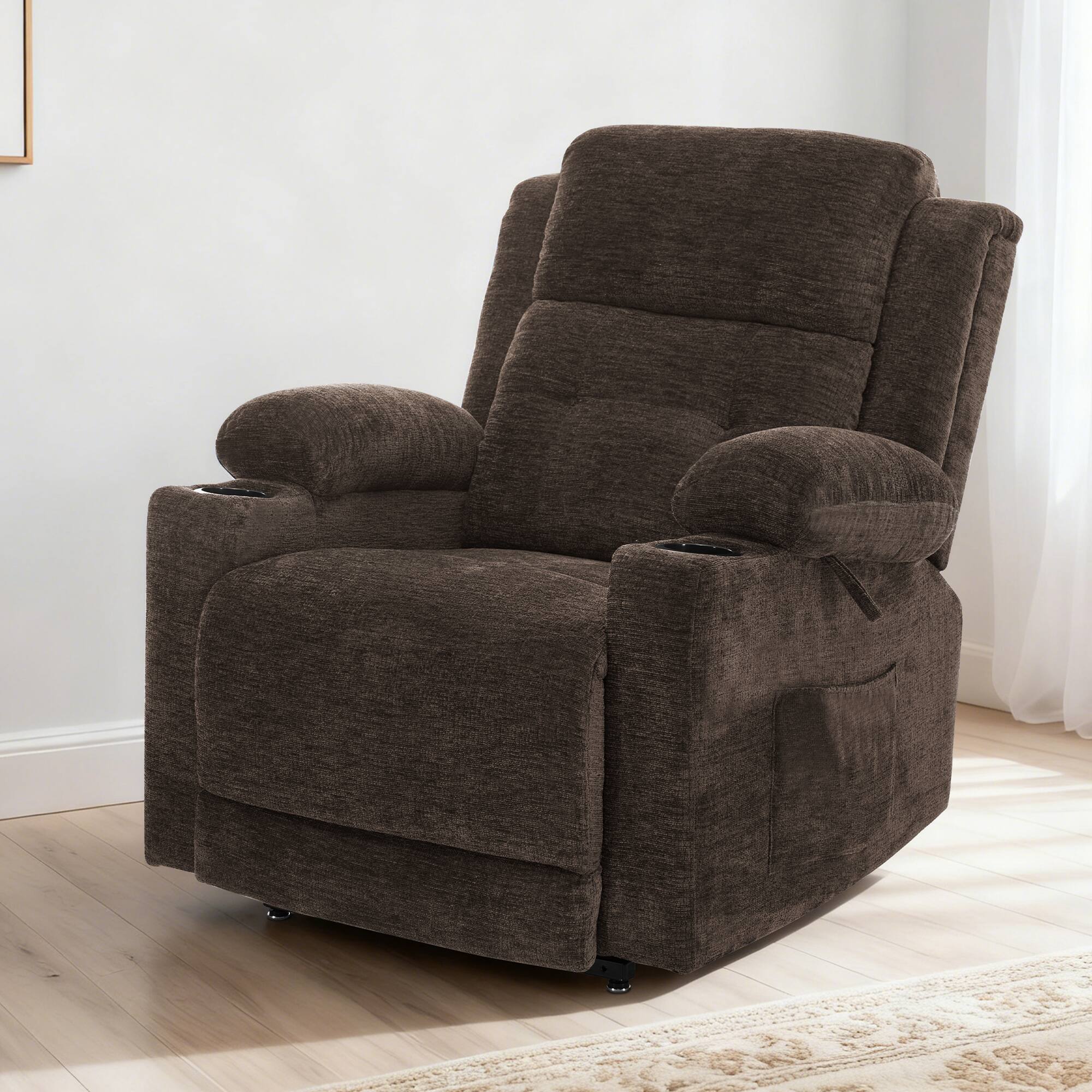 Angle. KERDOM - Lay Flat Recliner with Massage and Heat, Soft Fabric Power Lift Rocker, Oversized Nursery Single Sofa Chair, Cup Holders - Brown.