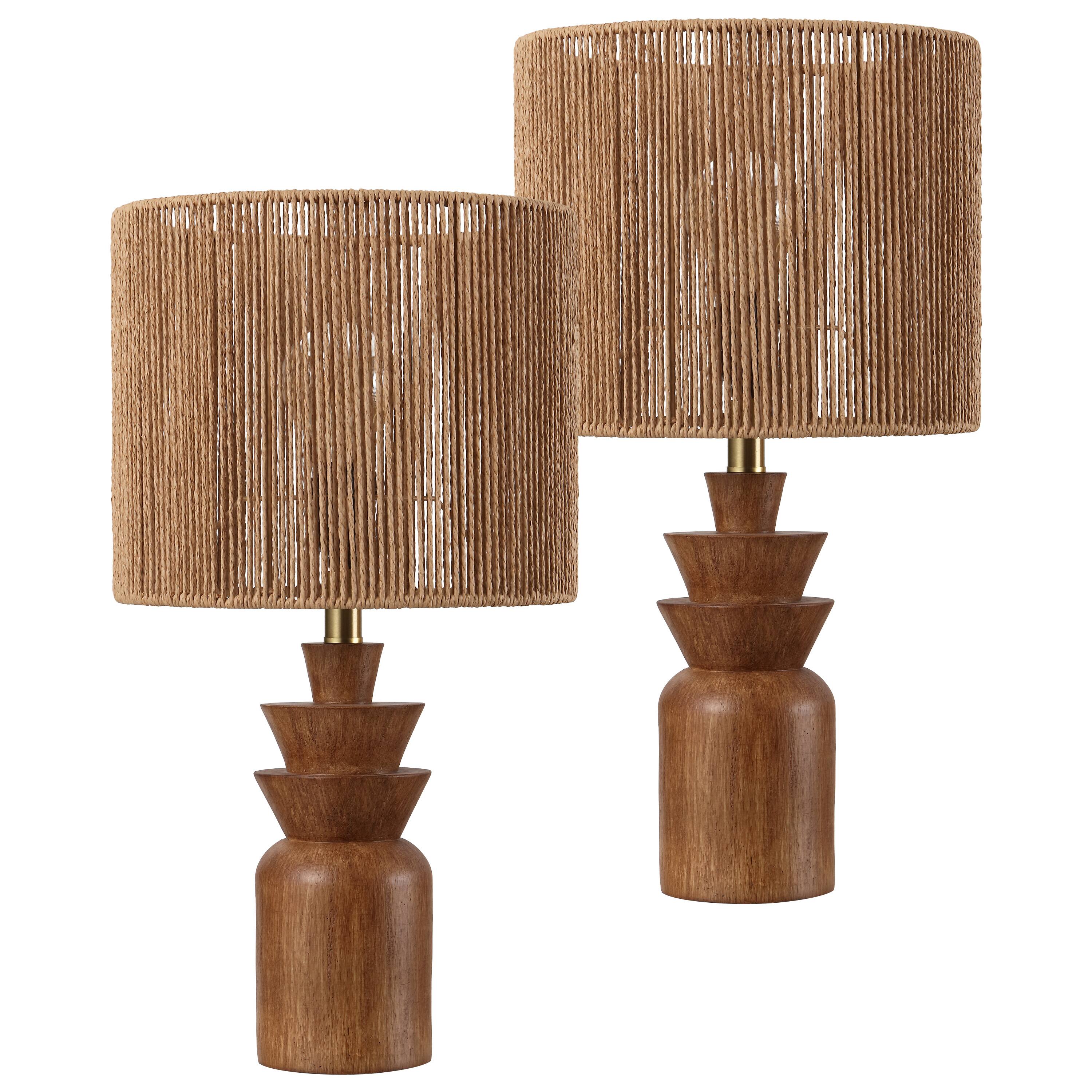 Alt View 7. Jonathan Y - Anderson 22 in.Tiered Totem Resin with Hand-Woven Paper Rope Drum Shade LED Table Lamp, Brown Wood Finish (Set of 2) - Brown Wood Finish.