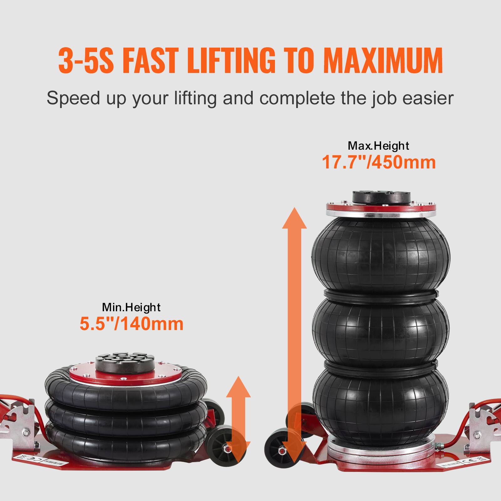 3-5S FAST LIFTING TO MAXIMUM  
Speed up your lifting and complete the job easier  

Max. Height: 17.7"/450mm  
Min. Height: 5.5"/140mm
