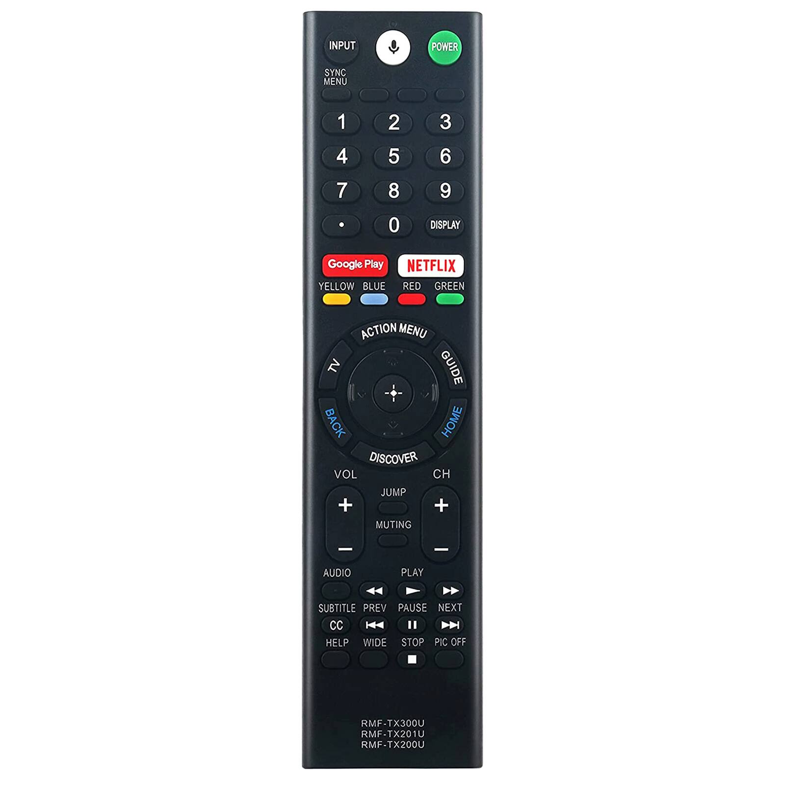 INPUT POWER SYNC MENU 1 4 7 2 5 8 3 6 9 0 DISPLAY Google Play NETFLIX YELLOW BLUE RED GREEN ACTION MENU TV GUIDE BACK HOME DISCOVER VOL CH JUMP + + MUTING - - AUDIO PLAY SUBTITLE PREV PAUSE NEXT CC HELP WIDE STOP PIC OFF RMF-TX300U RMF-TX201U RMF-TX200U