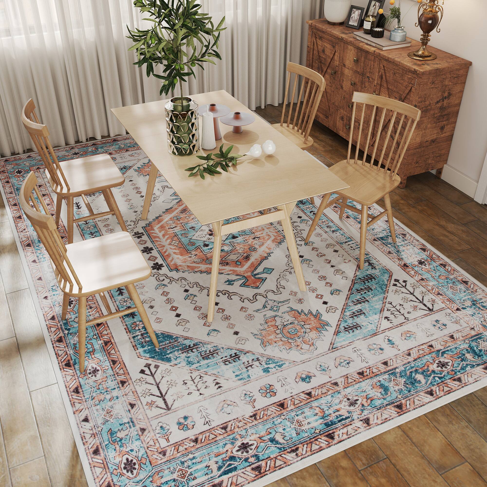 Alt View 8. Homcom - HOMCOM 8x10 Distress Rug: Vintage Mach-Wash Non-Slip Carpet Blue, Indoor Boho Area High Traffic - Brown and Blue.