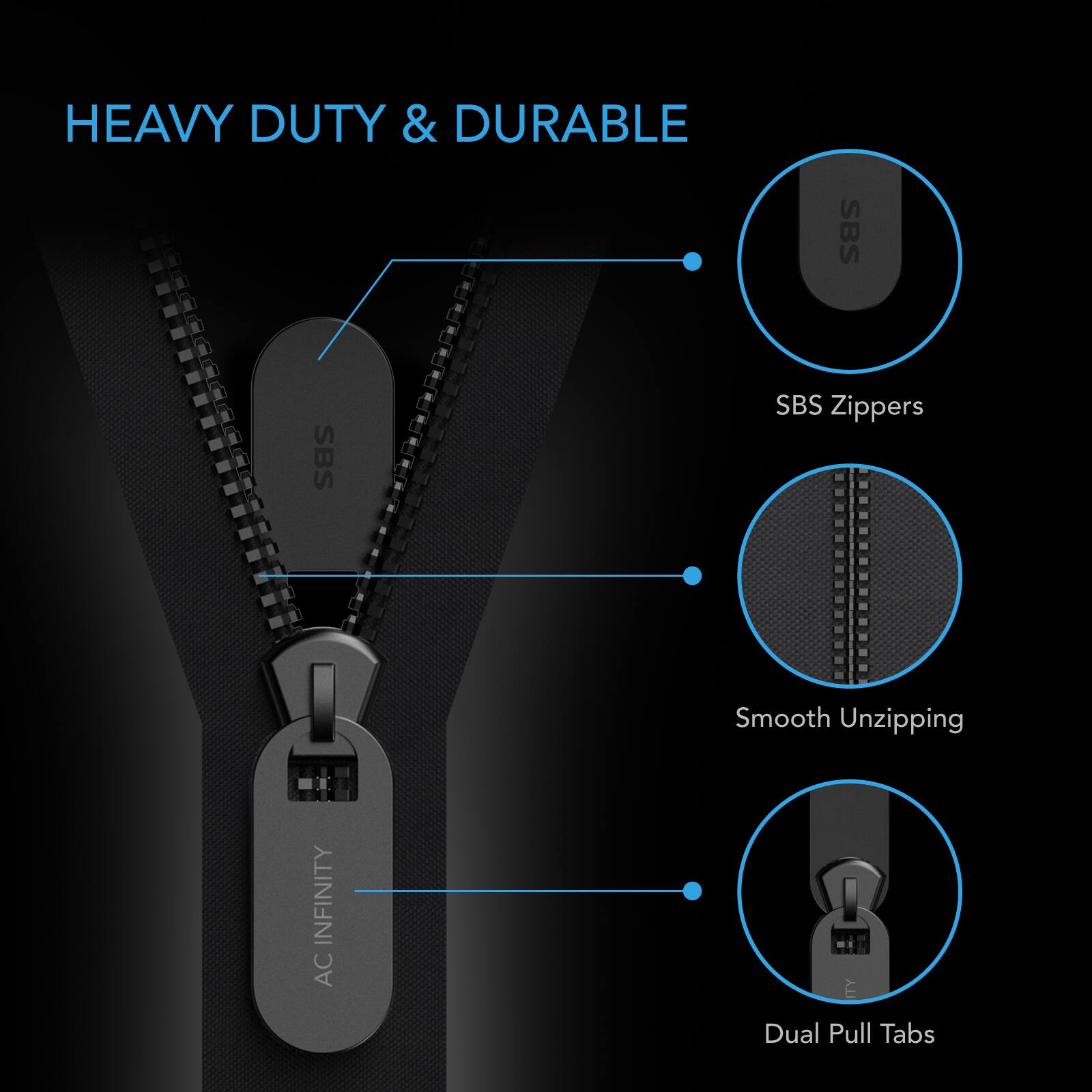 HEAVY DUTY & DURABLE

SBS Zippers

INFINITY AC

Smooth Unzipping Dual Pull Tabs
