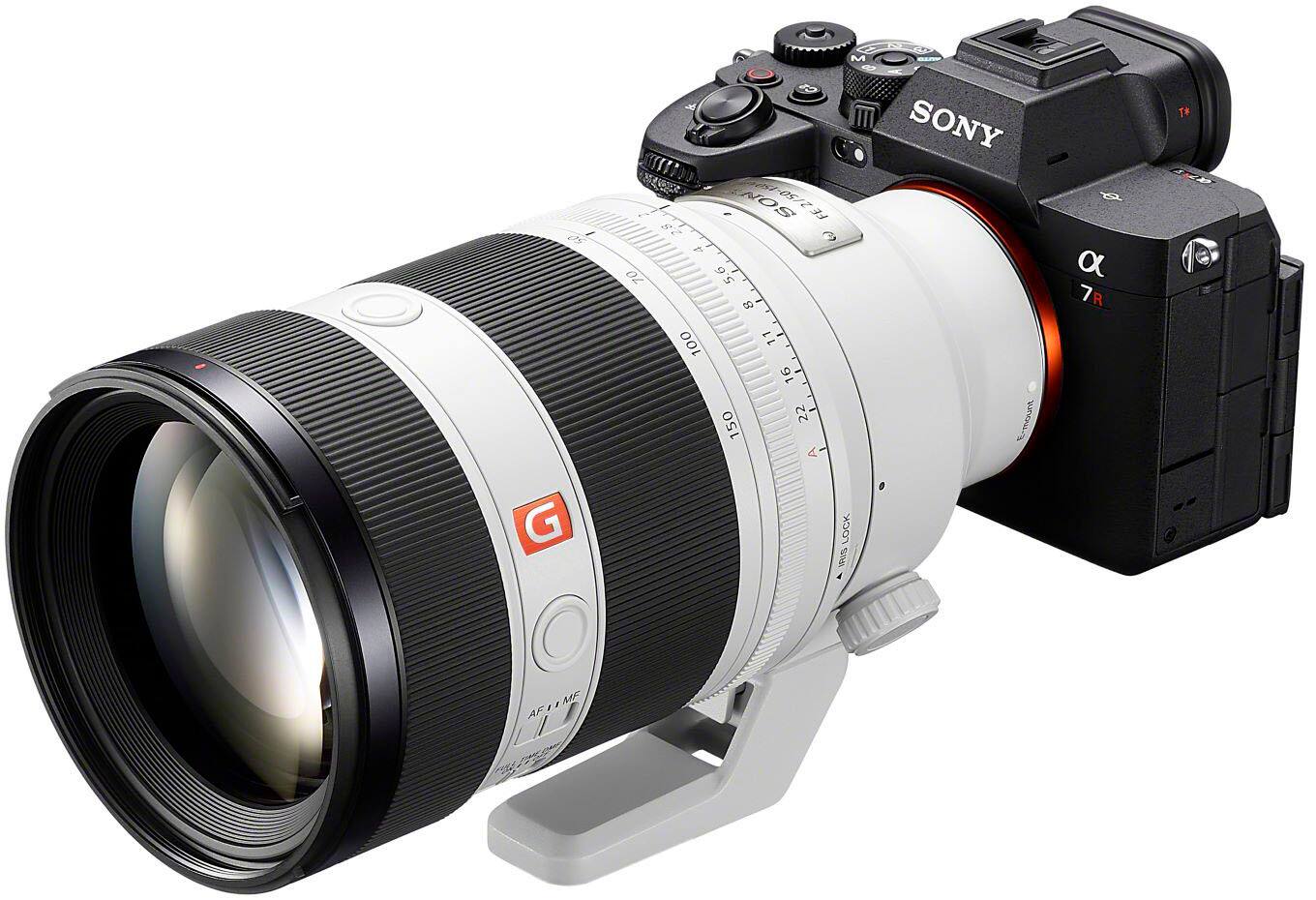 The text on the image reads: "Sony E-mount 7R T* 1.4 G Lens 35mm F1.4 70-5.6 00 100 11 16 22 150 AFTM MF/AF."