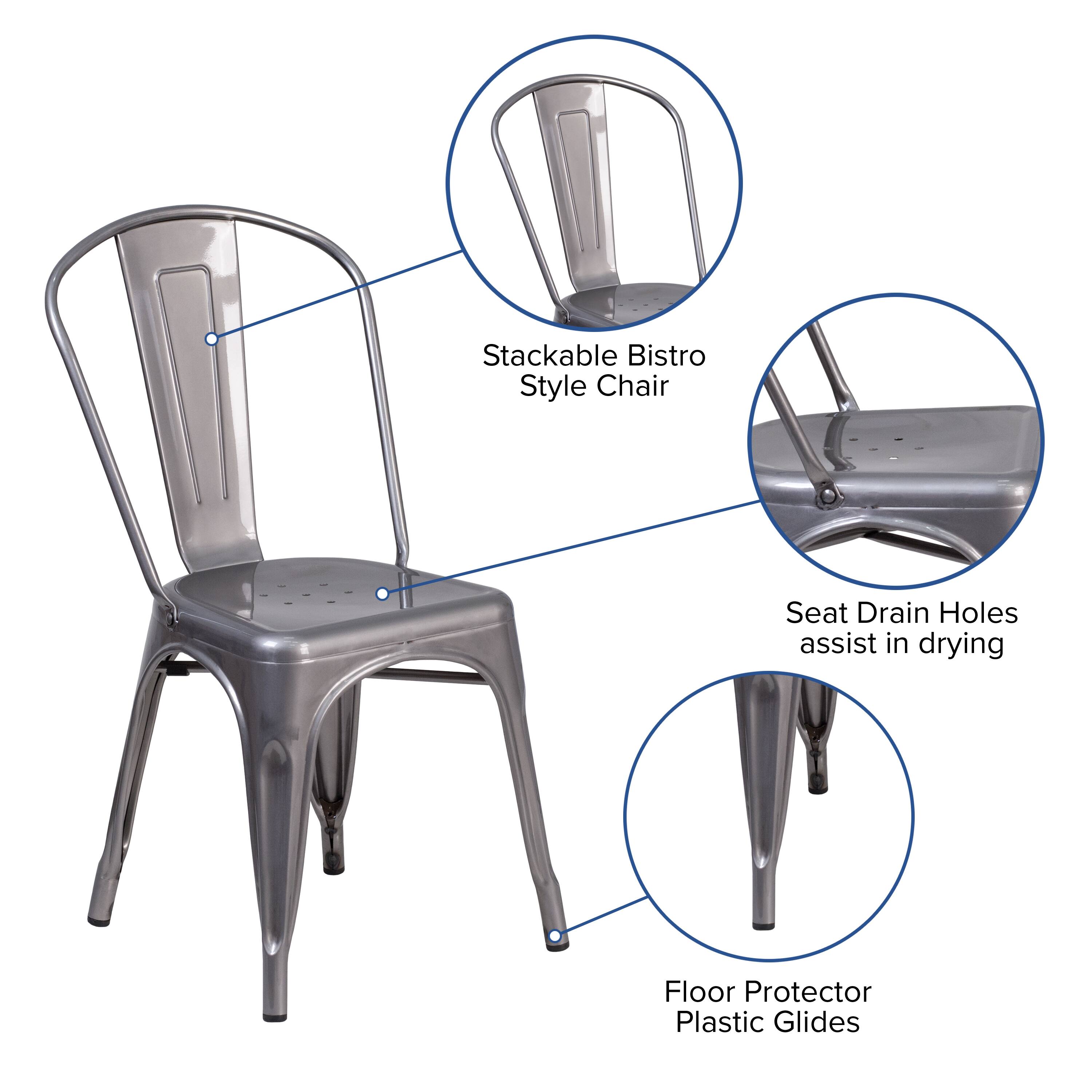 Stackable Bistro Style Chair Seat Drain Holes assist in drying Floor Protector Plastic Glides