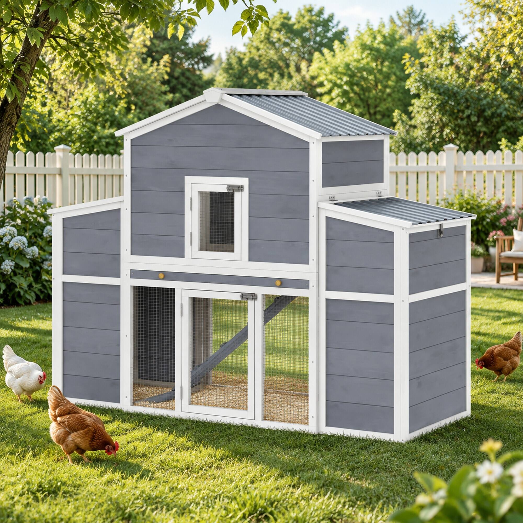 Alt View 2. RYHNUYNE - Wooden Chicken Coop, 66.5 in Large Pet House, Pine Wood, 2-4 Chickens, Gray.