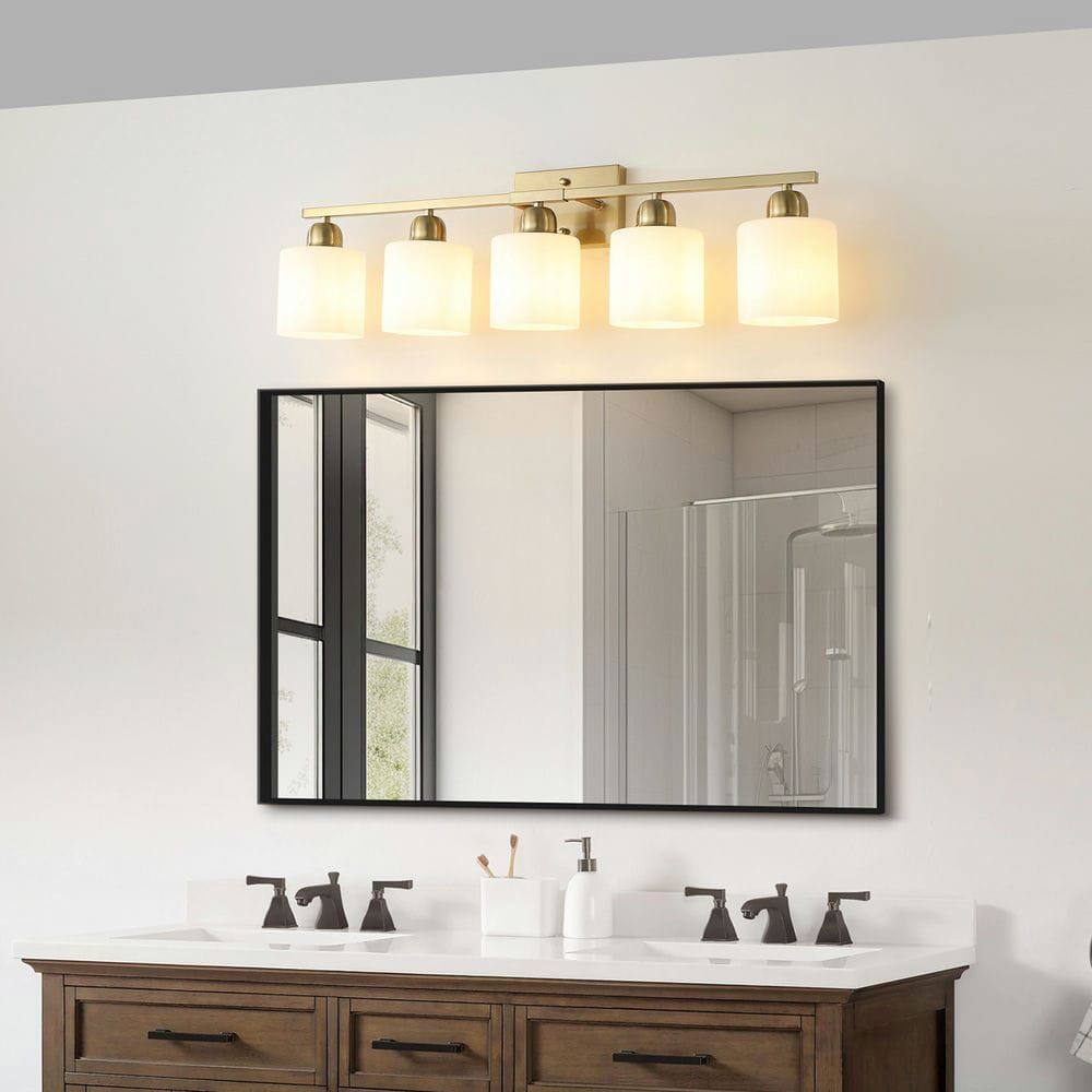 Alt View 6. Kadyn - Gold Bathroom Light Fixtures, 5-Light Modern Vanity Light, Wall Sconces with Milky White Frosted Glass Shades - Gold.