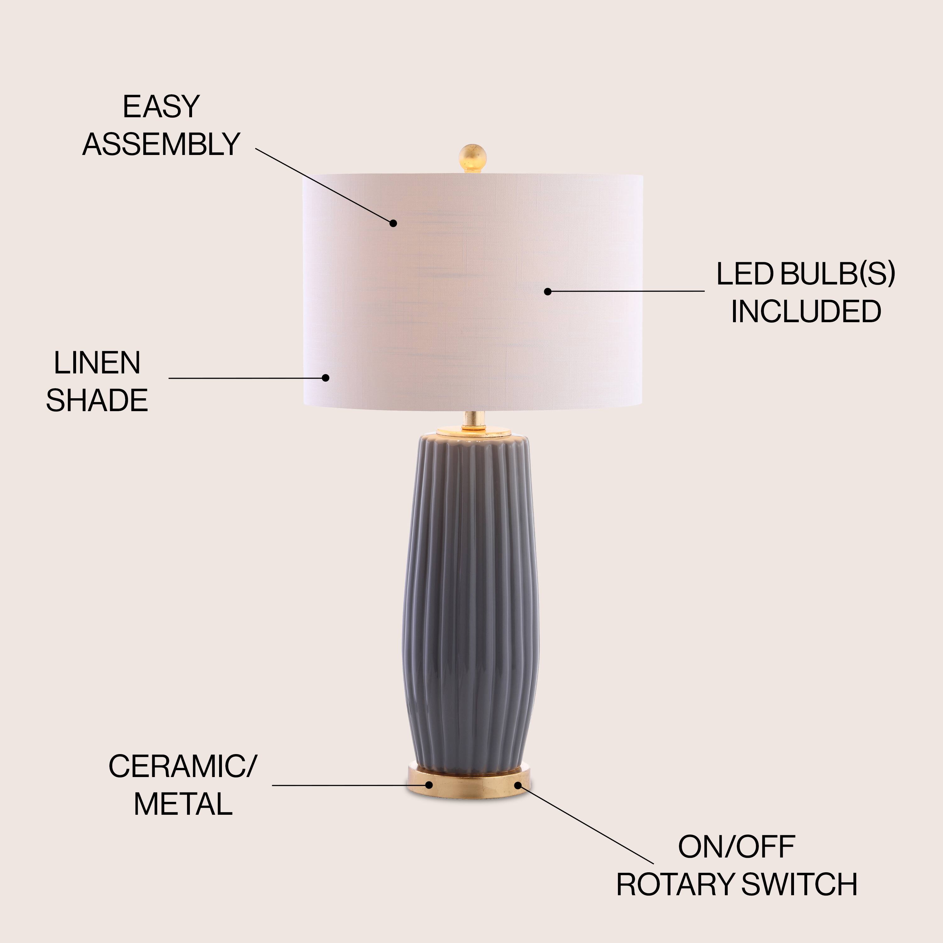 - EASY ASSEMBLY
- LED BULB(S) INCLUDED
- LINEN SHADE
- CERAMIC/METAL
- ON/OFF ROTARY SWITCH
