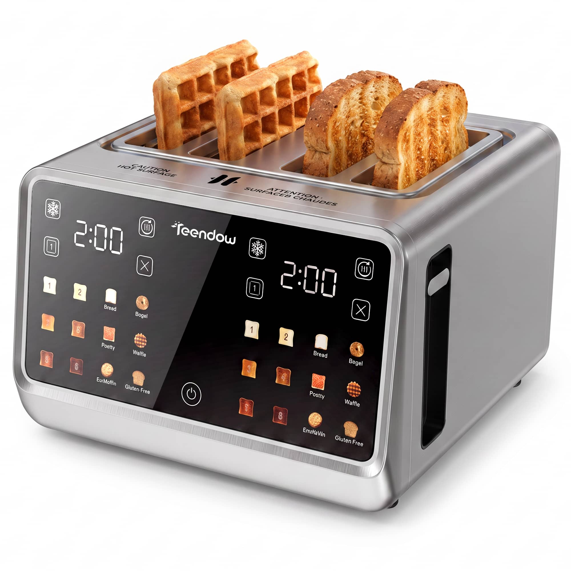 Teendow - 4 Slice Toaster Touchscreen,1800W, 9 Modes&6 Shade Settings,Dual Controls,1.5" Extra-Wide Slots - Stainless Steel