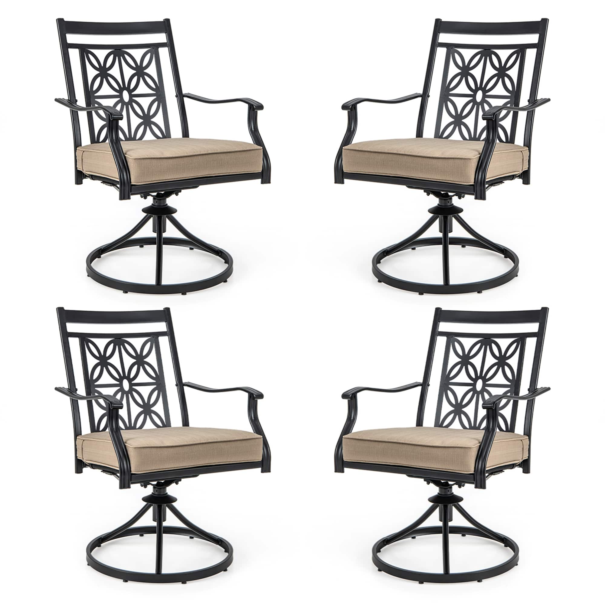 Costway - Patio Swivel Chair 4 PCS Outdoor Bistro Dining Chair Blossom Pattern Backrest - Black,khaki